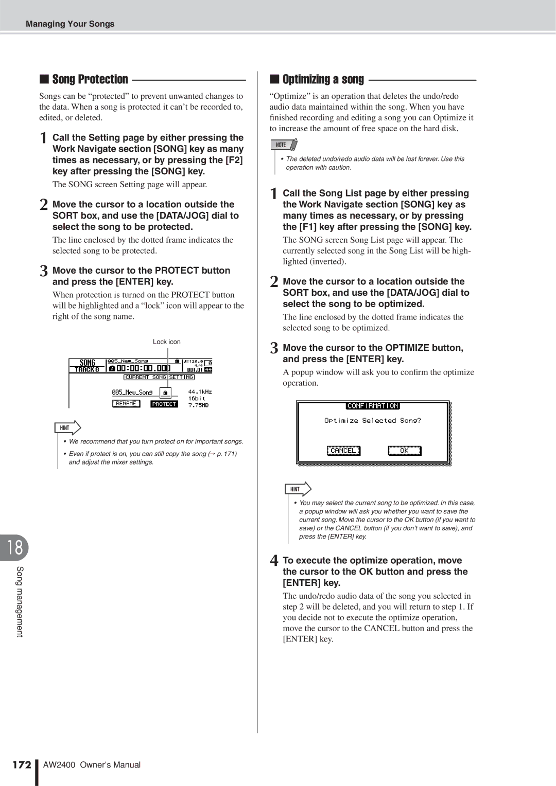 Yamaha AW2400 Song Protection, Optimizing a song, Popup window will ask you to conﬁrm the optimize operation, 172 