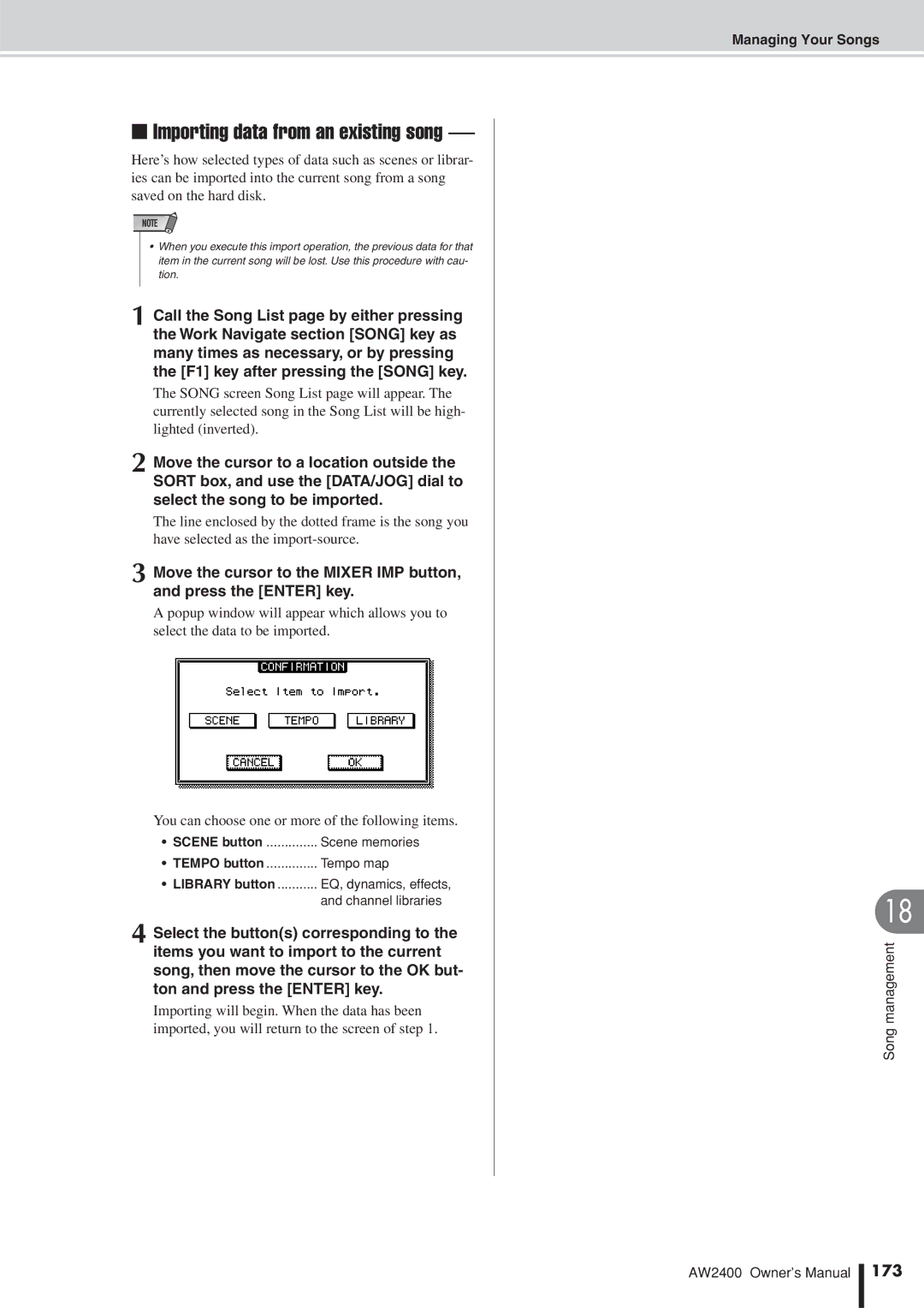 Yamaha AW2400 owner manual Importing data from an existing song, 173 