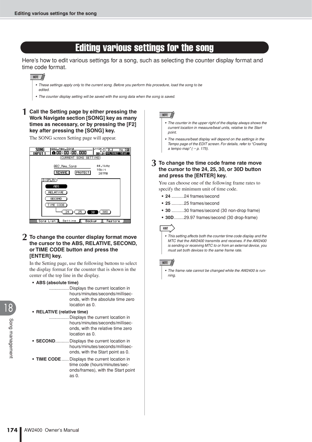 Yamaha AW2400 owner manual Editing various settings for the song, 174, ABS absolute time, Relative relative time 