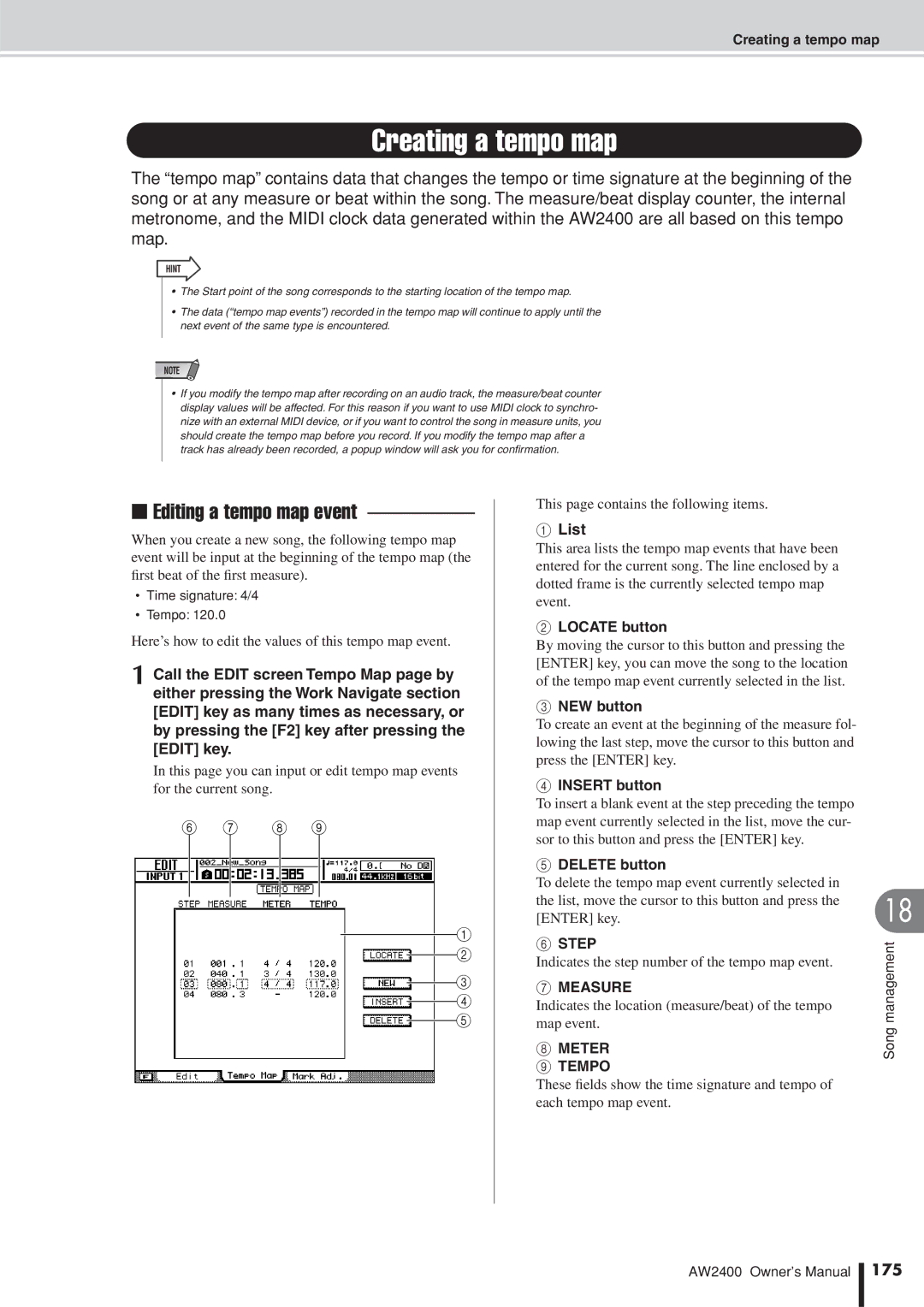 Yamaha AW2400 owner manual Creating a tempo map, Editing a tempo map event, Step, Measure, Meter Tempo 