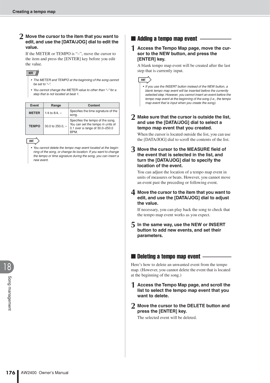 Yamaha AW2400 owner manual Adding a tempo map event, Deleting a tempo map event, Selected event will be deleted, 176 