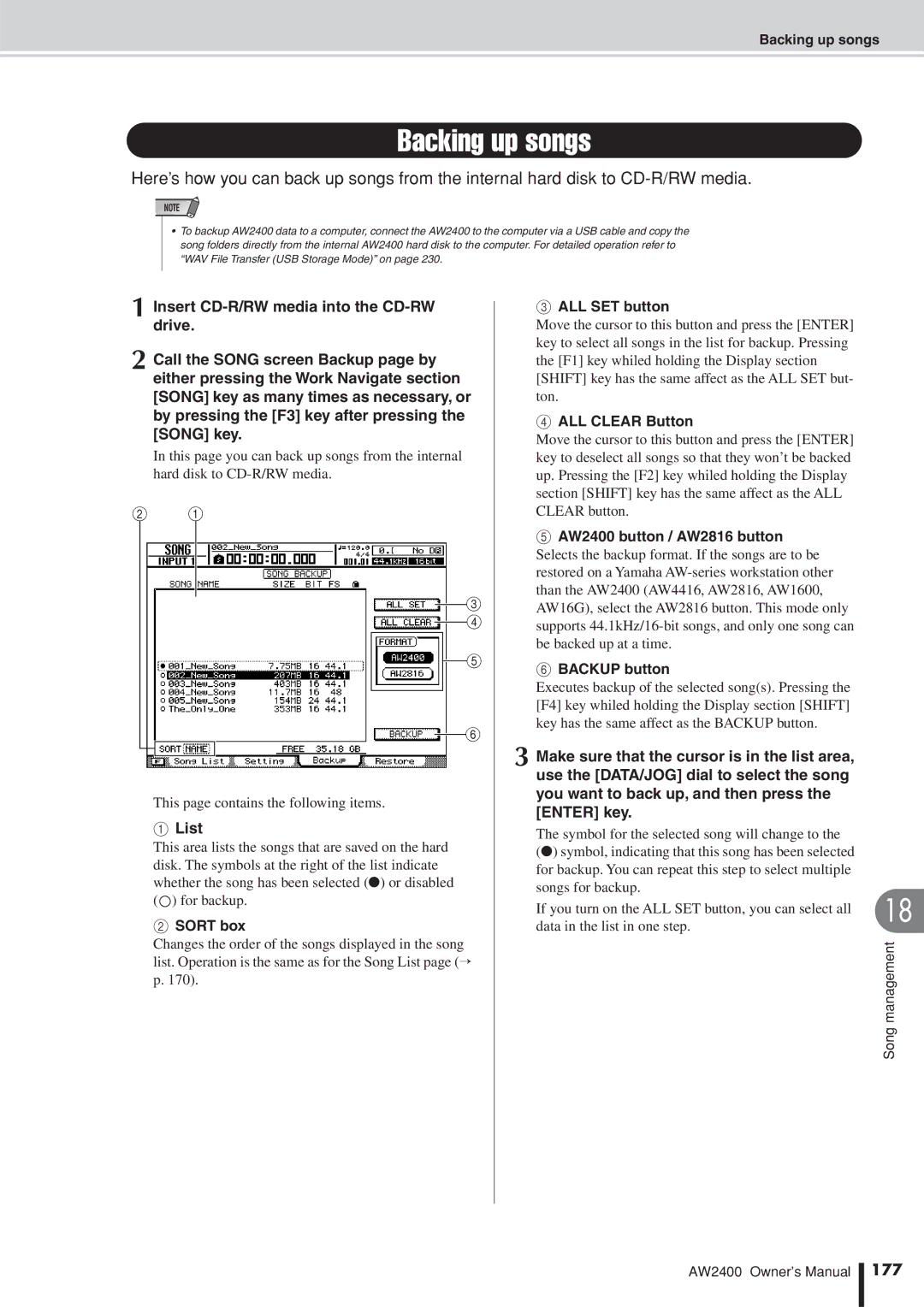 Yamaha AW2400 owner manual Backing up songs, 177 