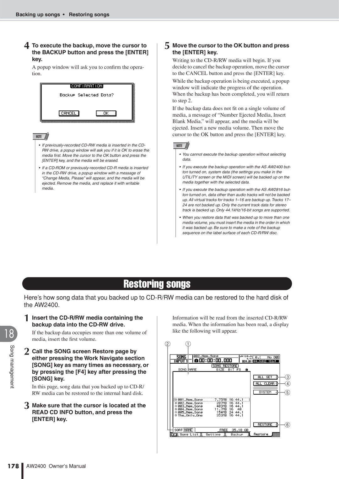 Yamaha AW2400 owner manual 178, Backing up songs Restoring songs 