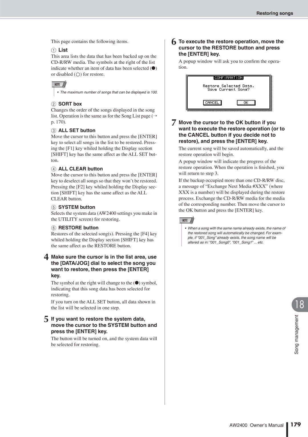 Yamaha AW2400 owner manual System button, Restore button, 179, Restoring songs 