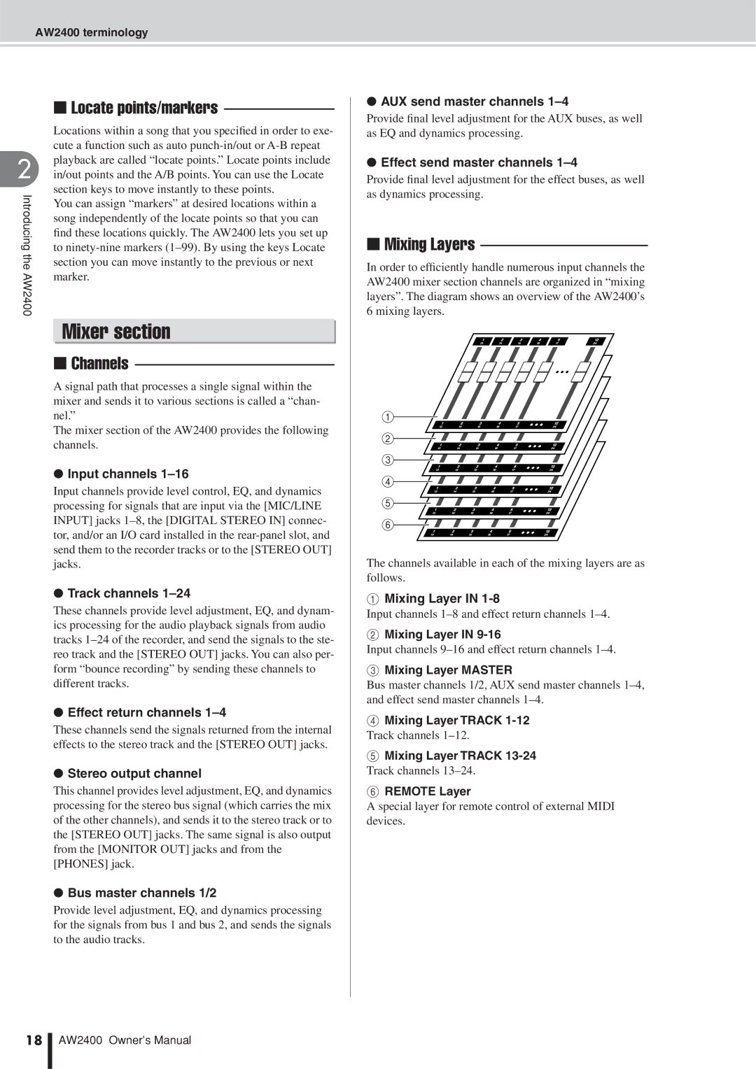 Yamaha AW2400 owner manual Mixer section, Locate points/markers, Channels, Mixing Layers 