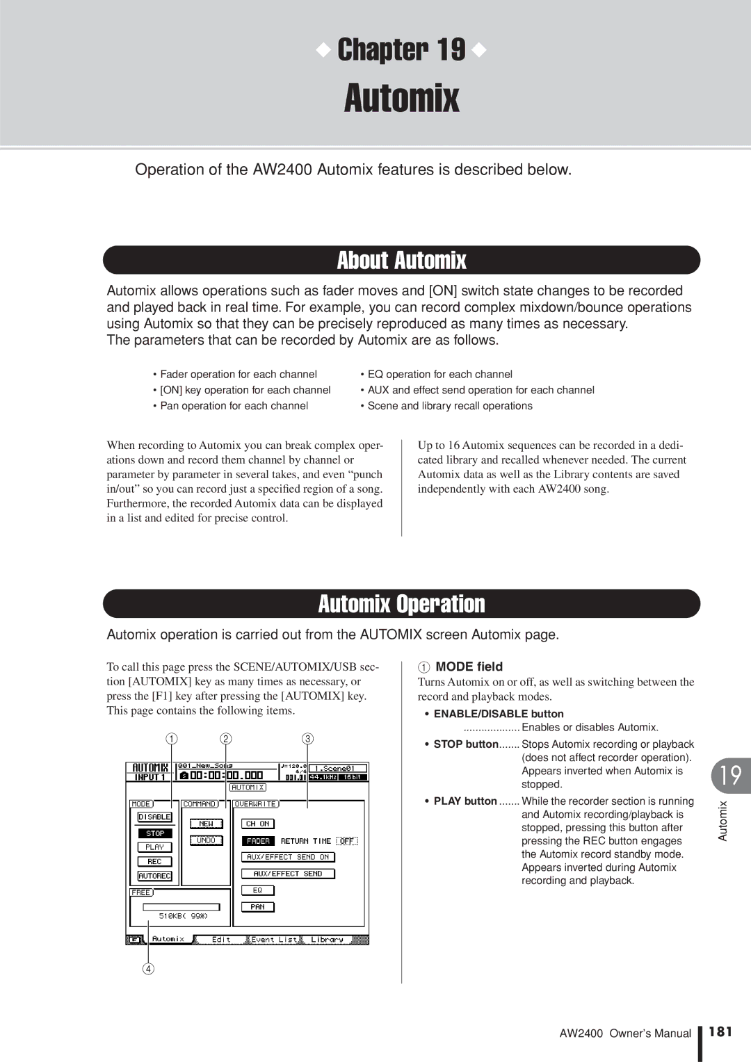 Yamaha AW2400 owner manual About Automix, Automix Operation, 181, ENABLE/DISABLE button 