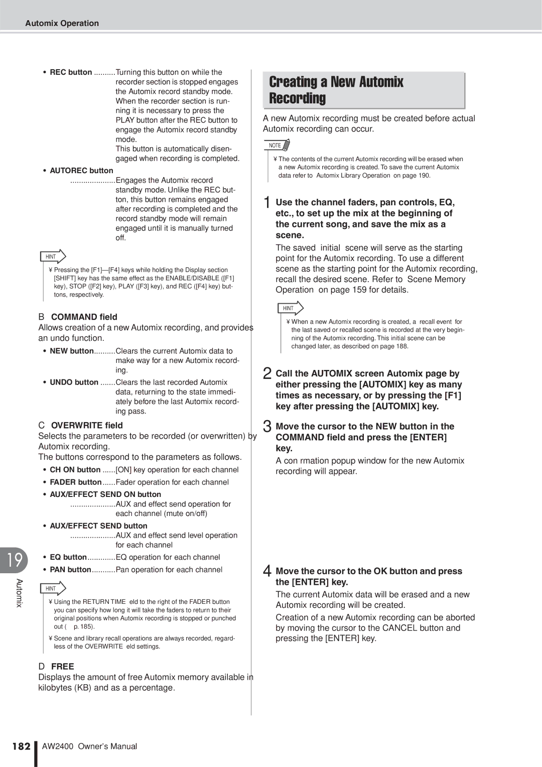 Yamaha AW2400 owner manual Creating a New Automix Recording, Command ﬁeld, Overwrite ﬁeld, Free, 182 