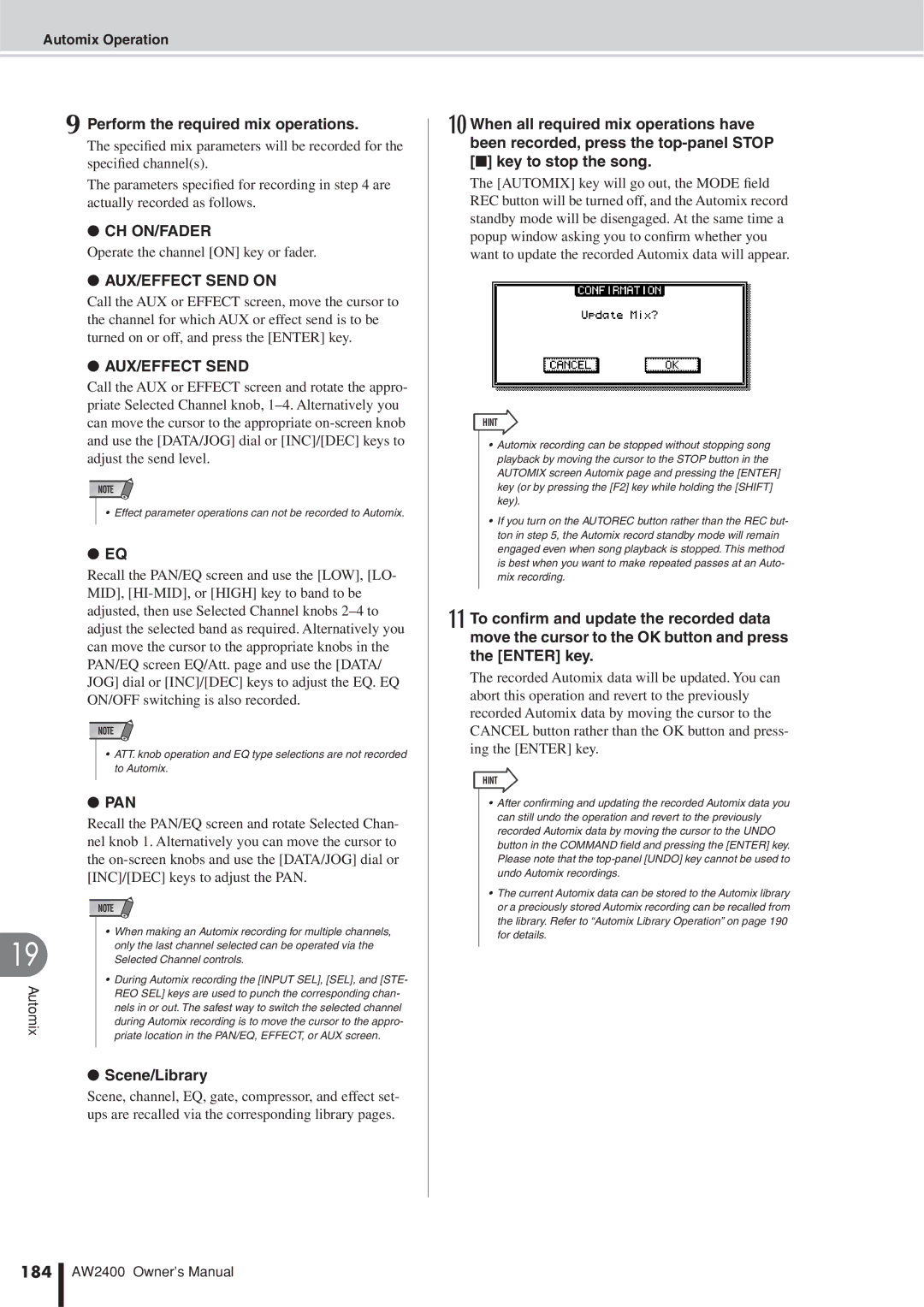 Yamaha AW2400 owner manual Ch On/Fader, AUX/EFFECT Send on, Pan, 184 
