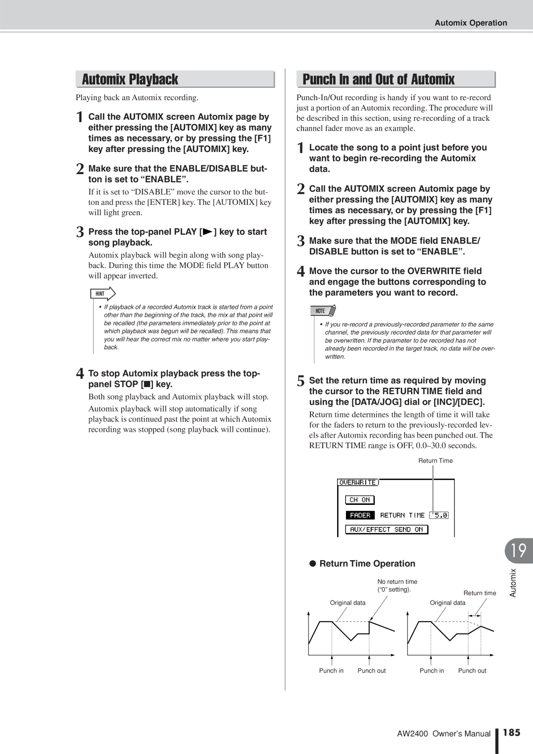 Yamaha AW2400 Automix Playback, Punch In and Out of Automix, To stop Automix playback press the top- panel Stop key, 185 