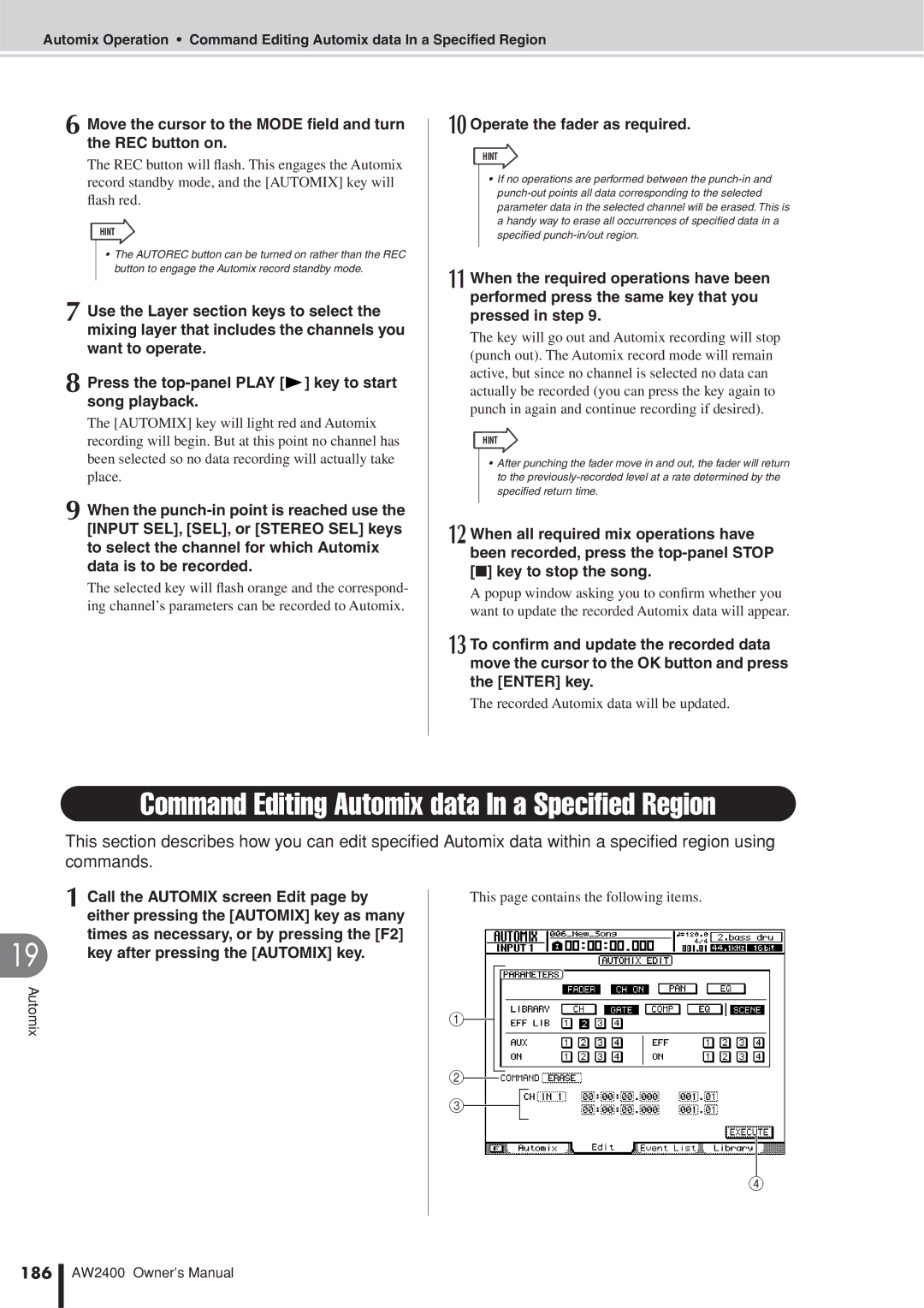 Yamaha AW2400 owner manual Command Editing Automix data In a Speciﬁed Region, Operate the fader as required, 186 