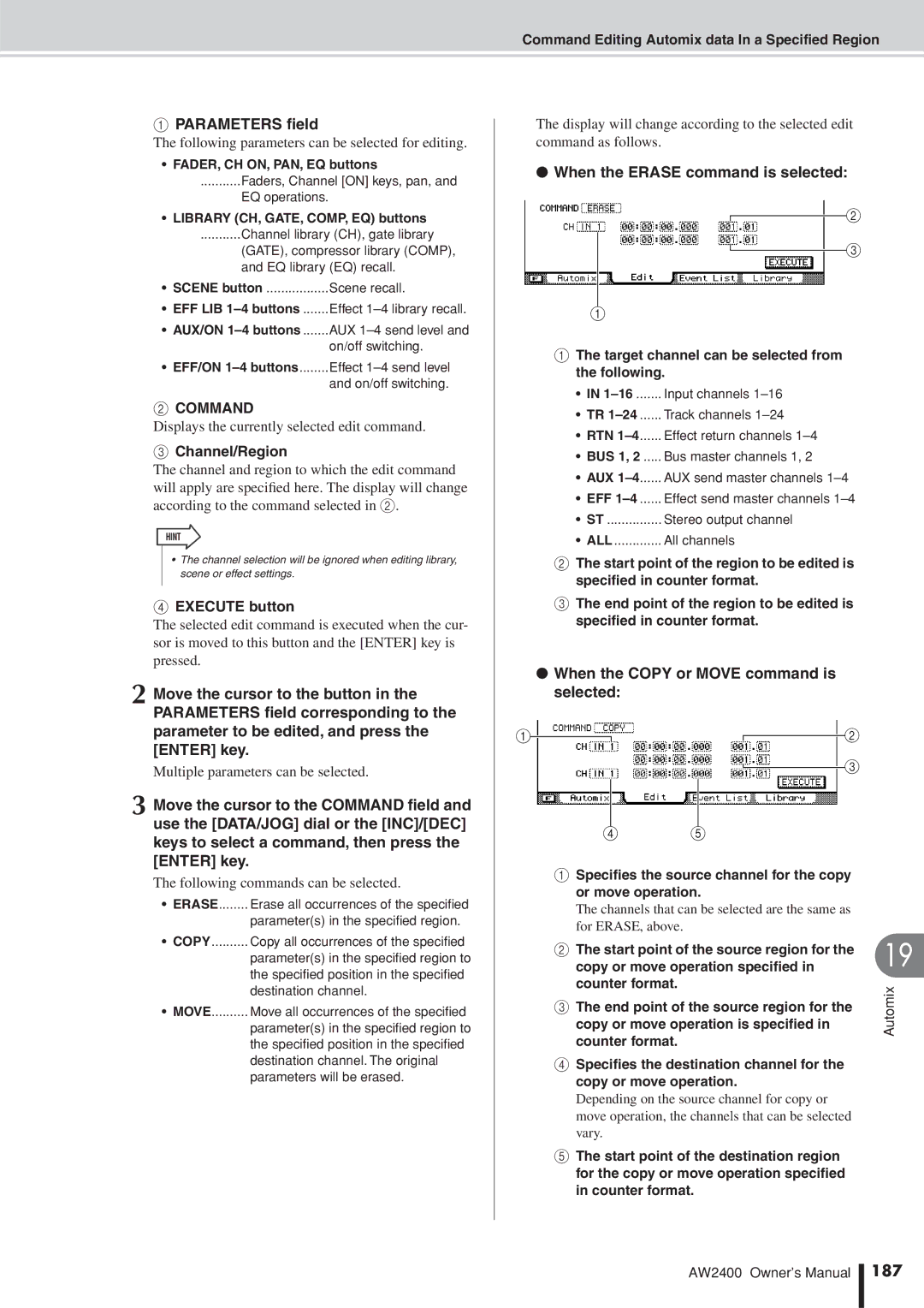 Yamaha AW2400 Command, Channel/Region, When the Erase command is selected, When the Copy or Move command is selected, 187 