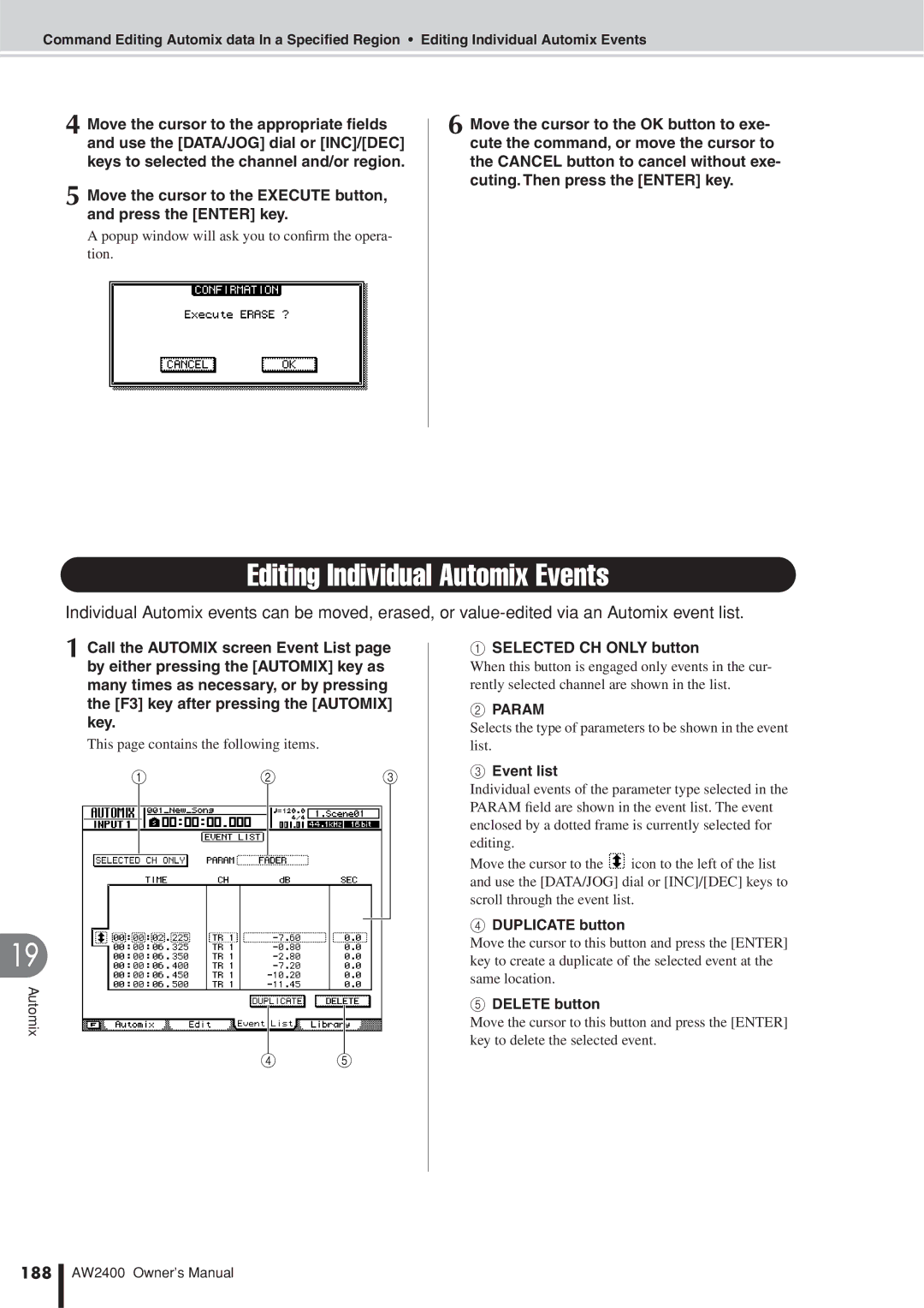 Yamaha AW2400 owner manual Editing Individual Automix Events, Param, 188 