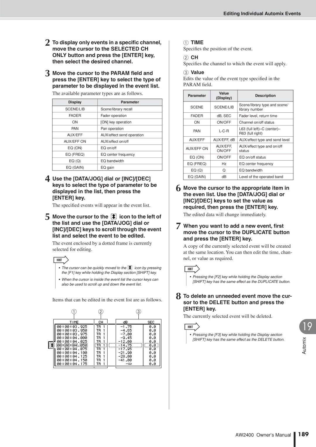 Yamaha AW2400 owner manual Time, 189 