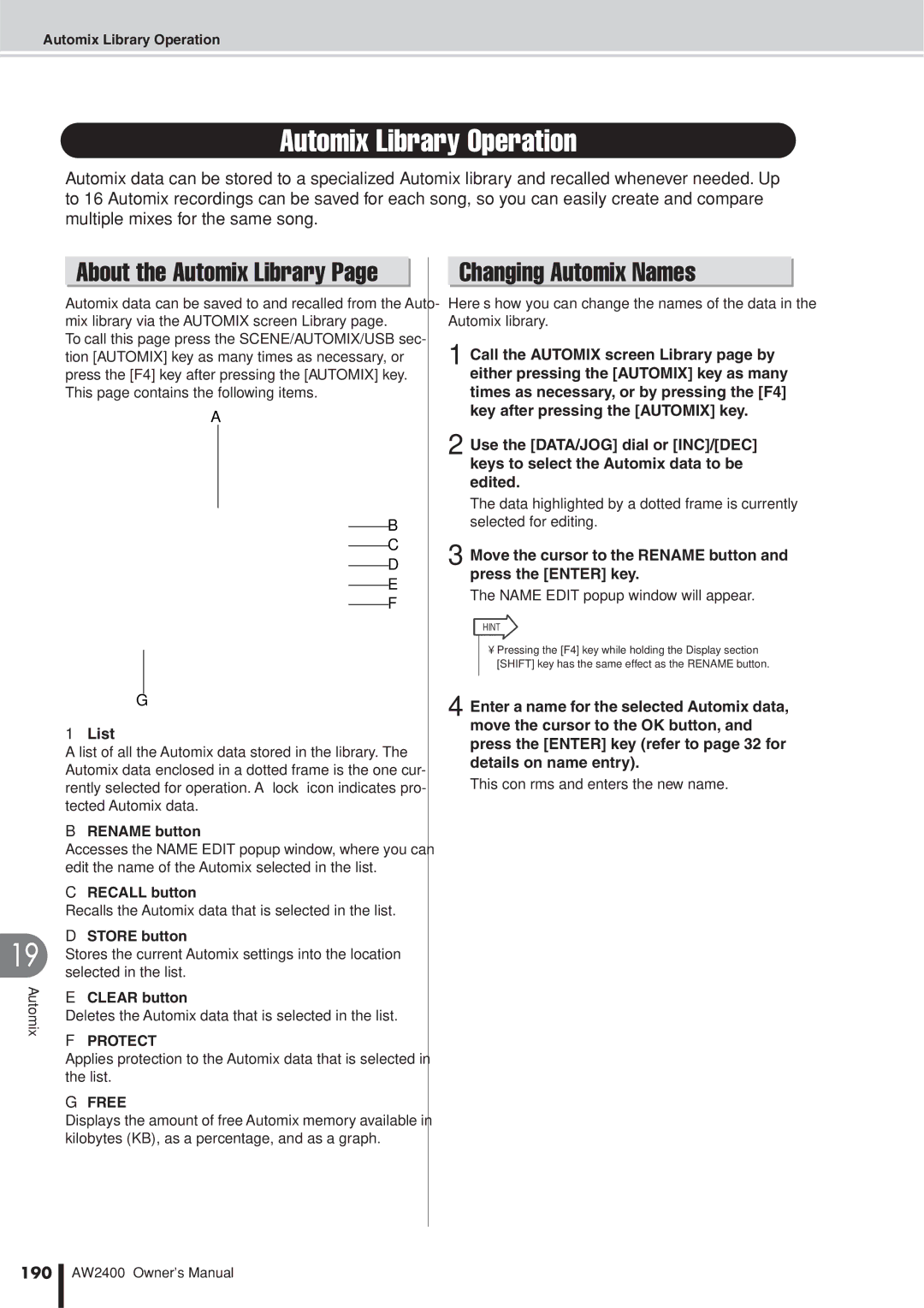 Yamaha AW2400 owner manual Automix Library Operation, About the Automix Library, Changing Automix Names, Protect, 190 