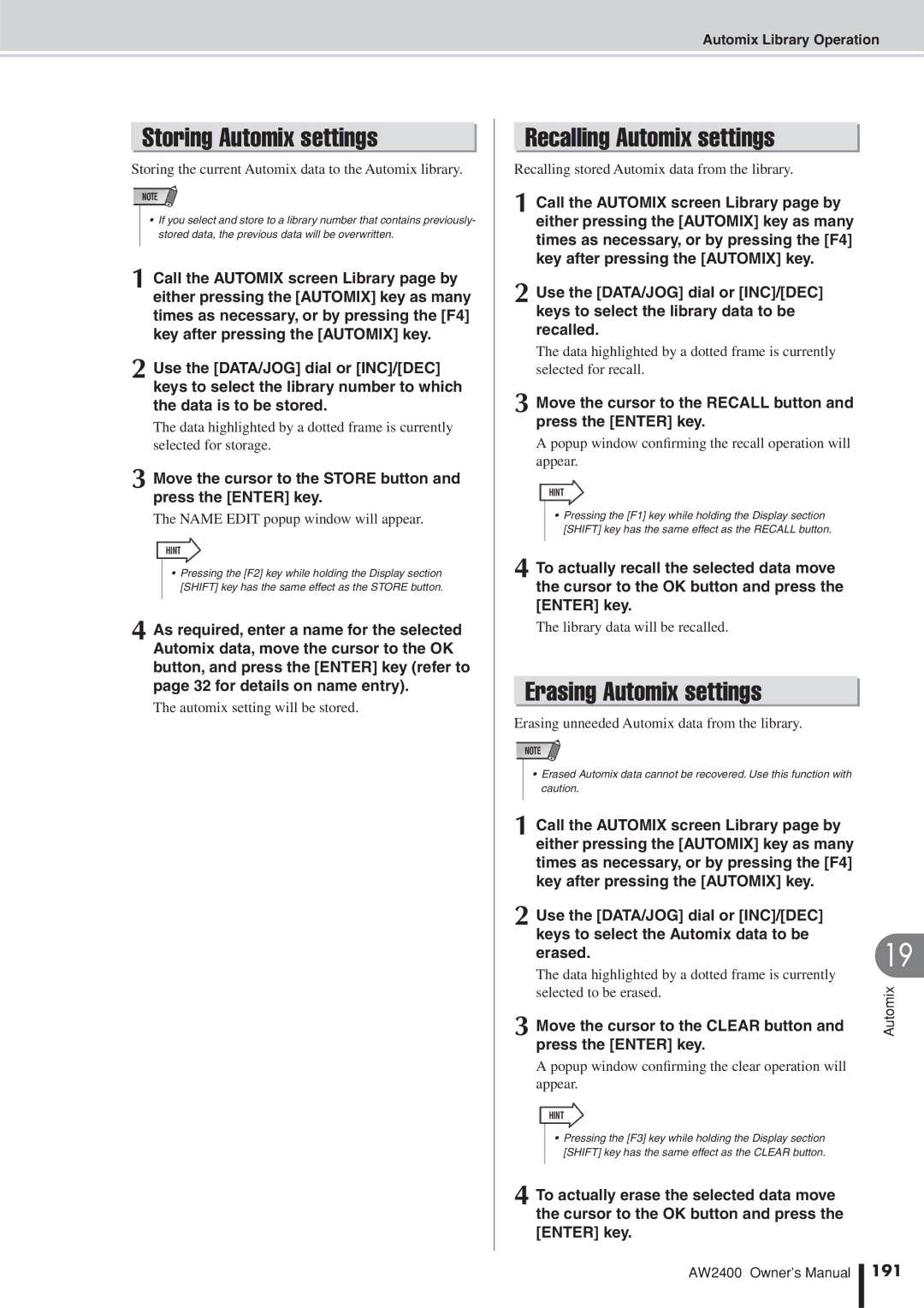 Yamaha AW2400 owner manual Storing Automix settings, Recalling Automix settings, Erasing Automix settings, 191 