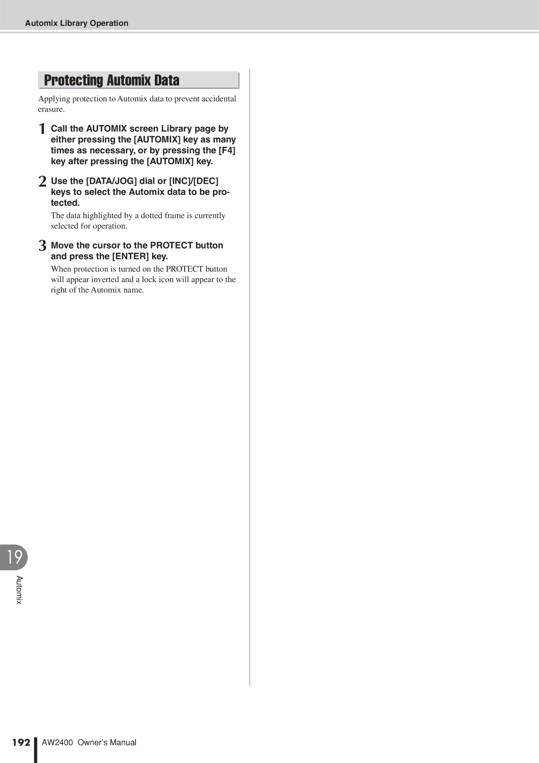 Yamaha AW2400 owner manual Protecting Automix Data, 192 