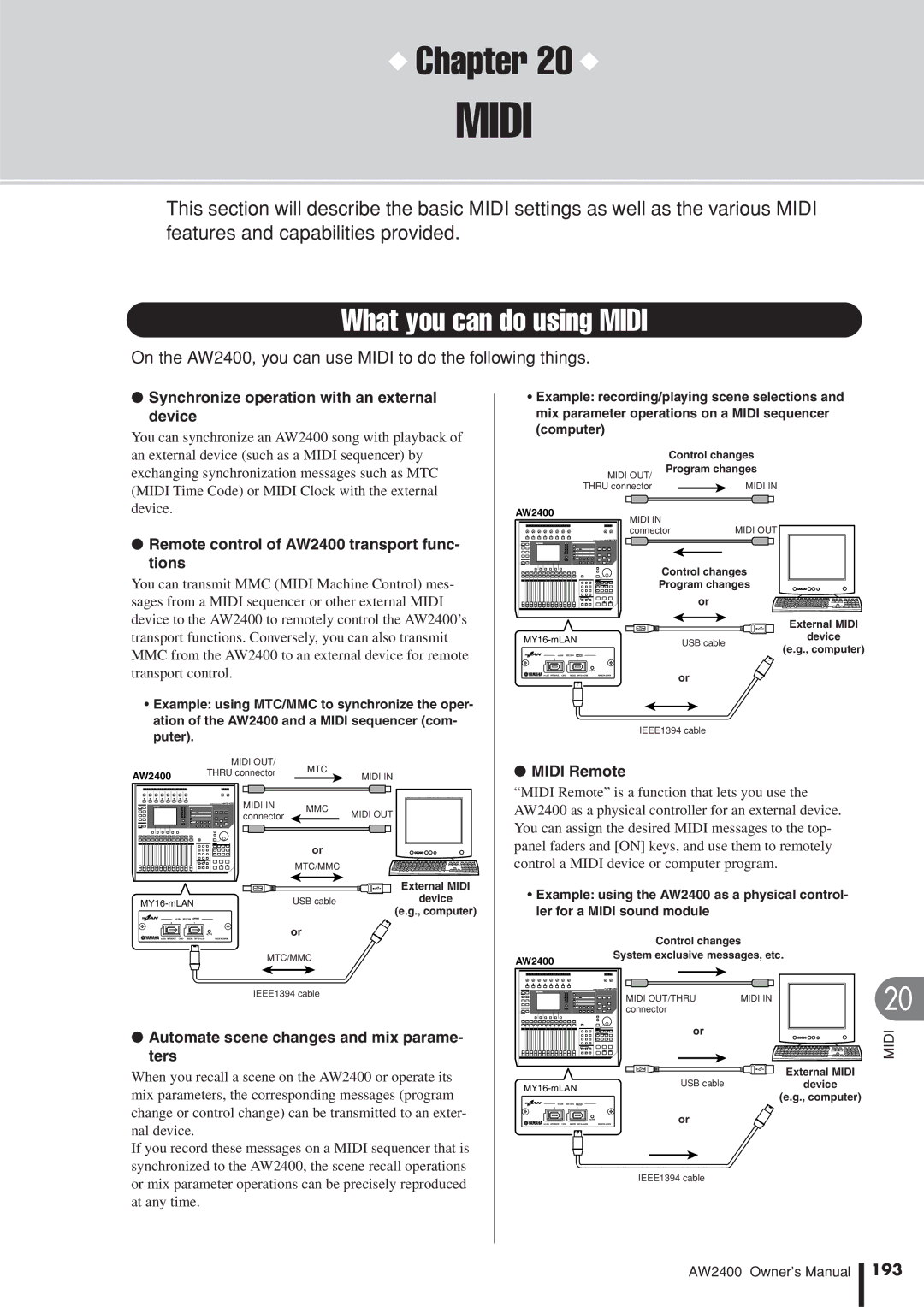 Yamaha AW2400 owner manual What you can do using Midi, 193 