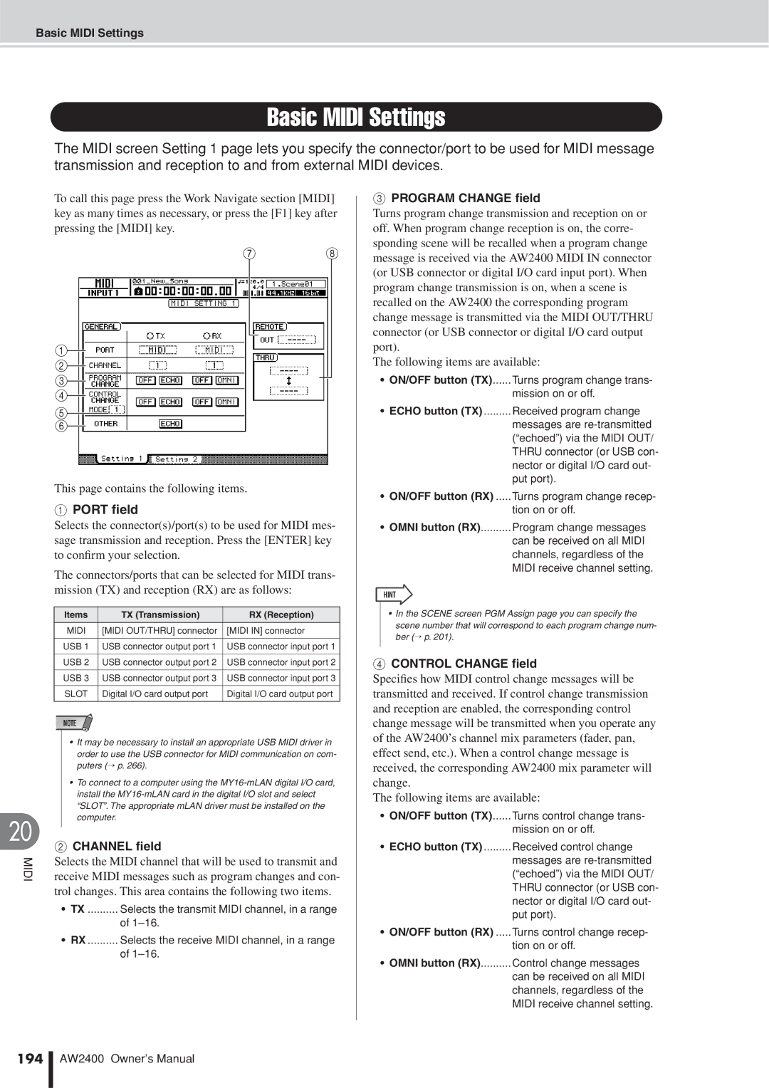 Yamaha AW2400 owner manual Basic Midi Settings, Port ﬁeld, Program Change ﬁeld, Control Change ﬁeld, 194 