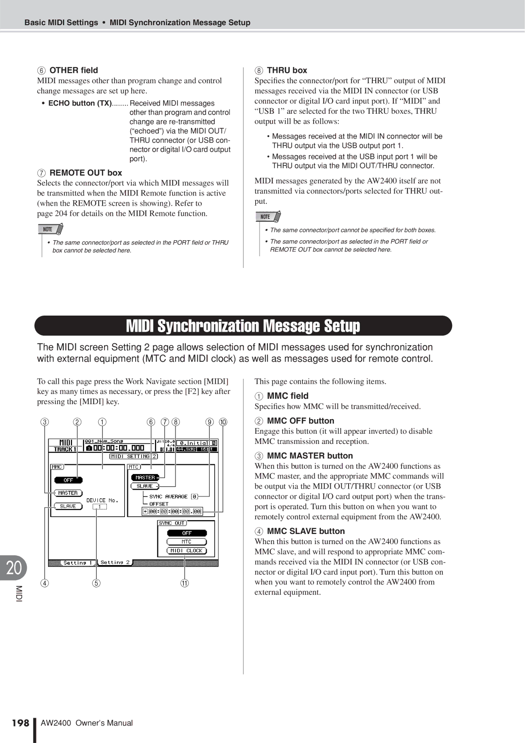 Yamaha AW2400 owner manual Midi Synchronization Message Setup, 198 