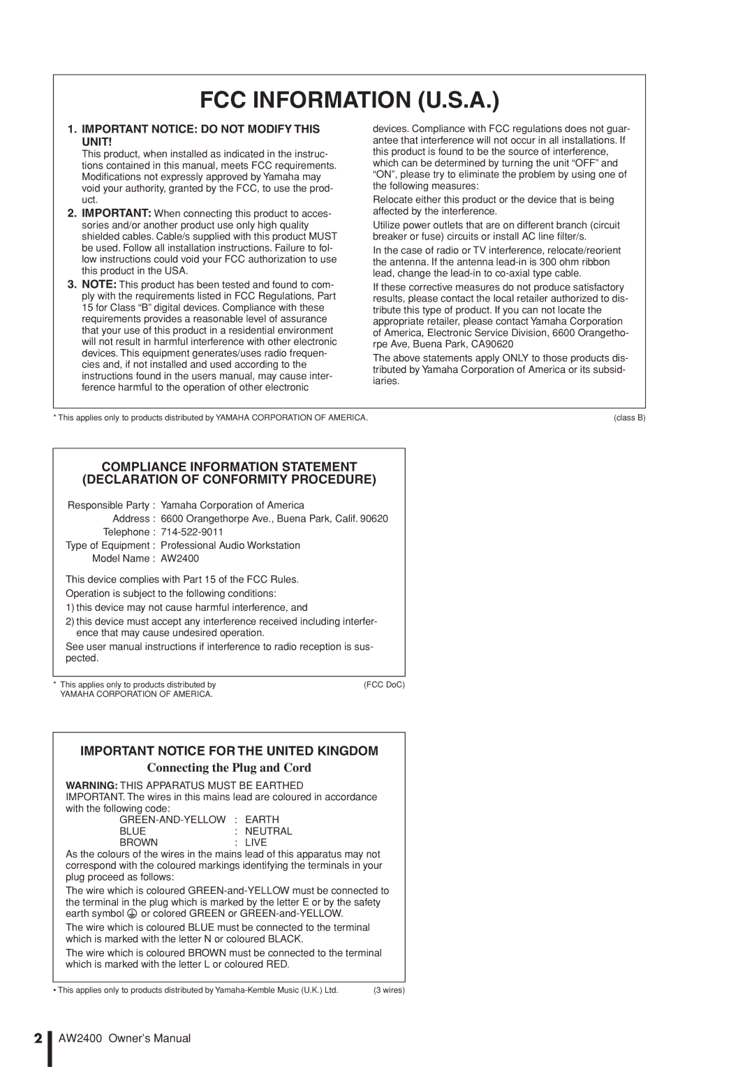 Yamaha AW2400 owner manual FCC Information U.S.A, Important Notice for the United Kingdom 