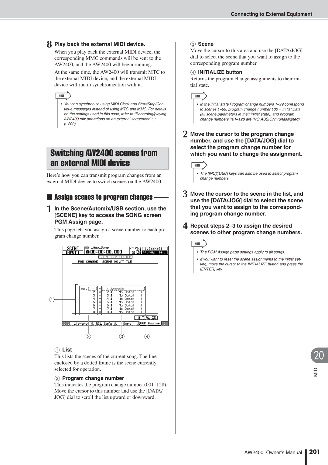 Yamaha AW2400 Assign scenes to program changes, Play back the external Midi device, Program change number, Scene, 201 