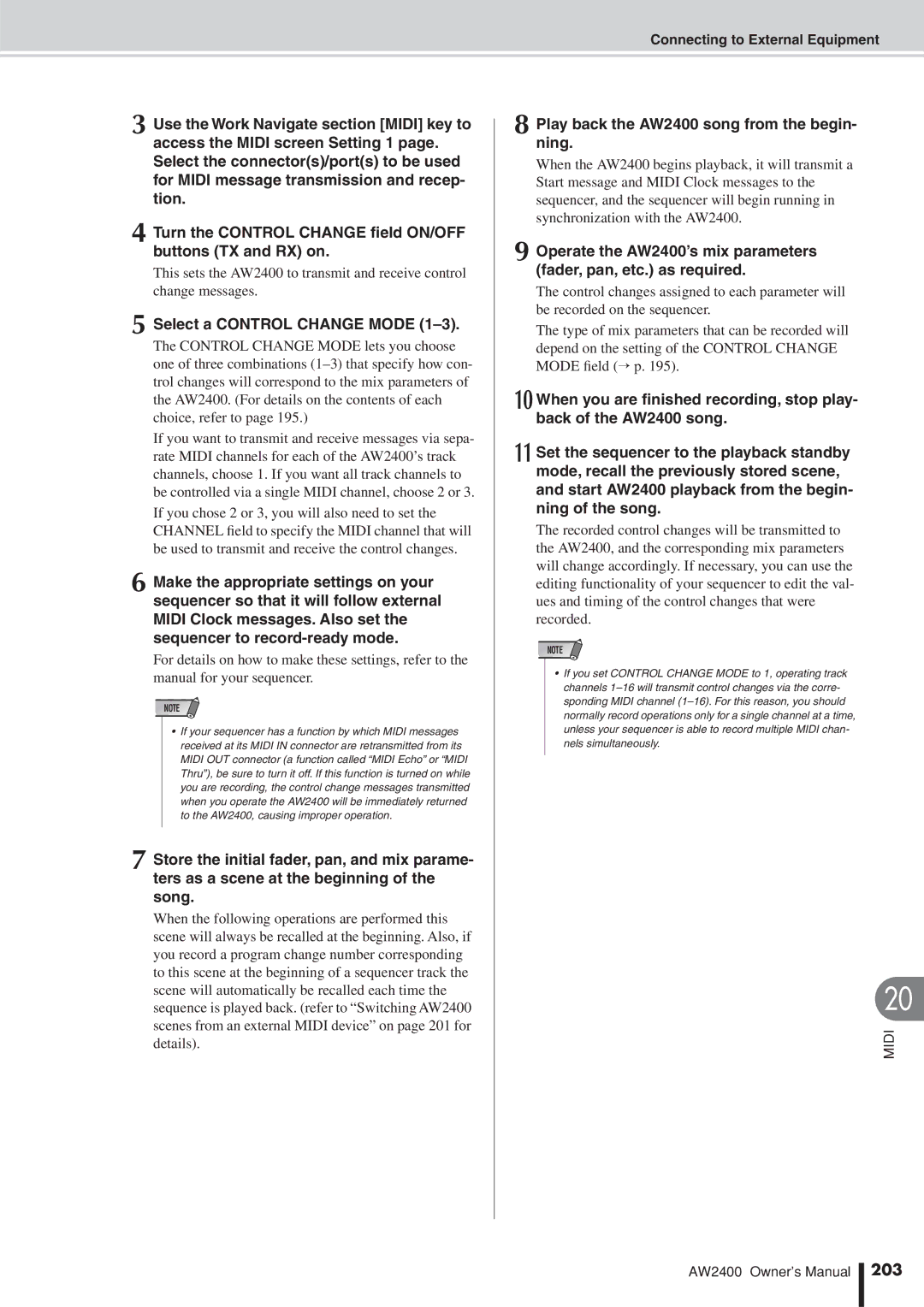 Yamaha owner manual Select a Control Change Mode, Play back the AW2400 song from the begin- ning, 203 