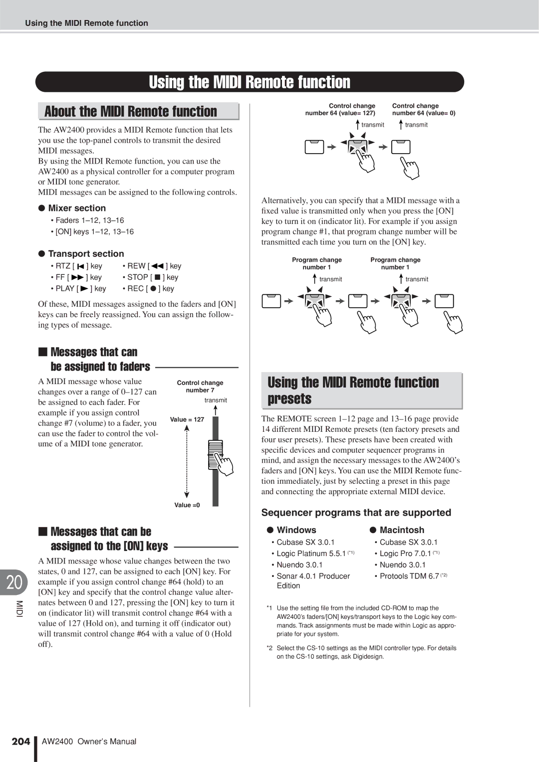 Yamaha AW2400 owner manual About the Midi Remote function, Using the Midi Remote function presets, Messages that can 