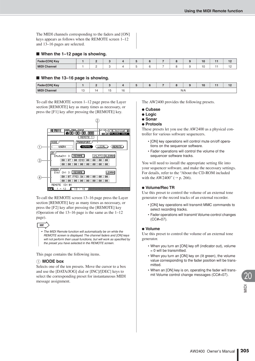 Yamaha AW2400 owner manual Mode box, Cubase Logic Sonar Protools, Volume/Rec TR, 205 