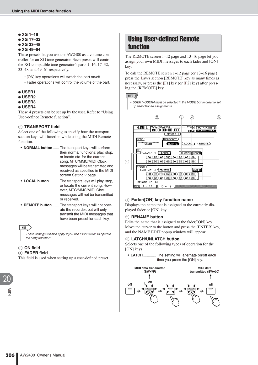 Yamaha AW2400 owner manual Using User-deﬁned Remote function, USER1 USER2 USER3 USER4, 206 