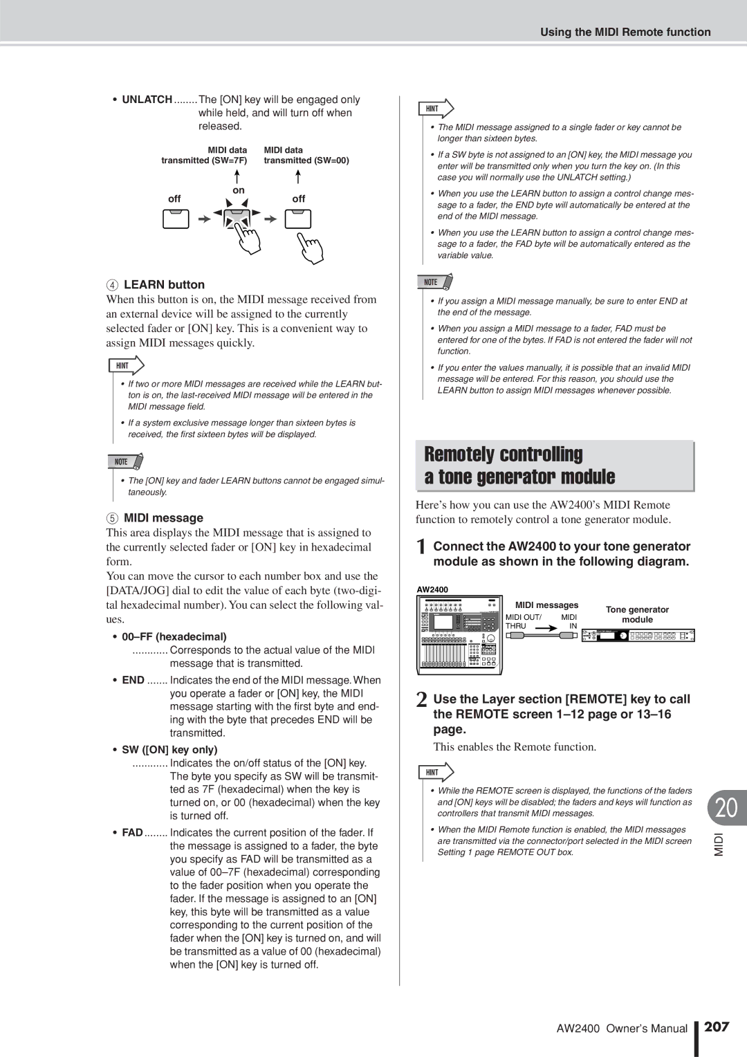 Yamaha AW2400 Remotely controlling Tone generator module, Learn button, Midi message, This enables the Remote function 