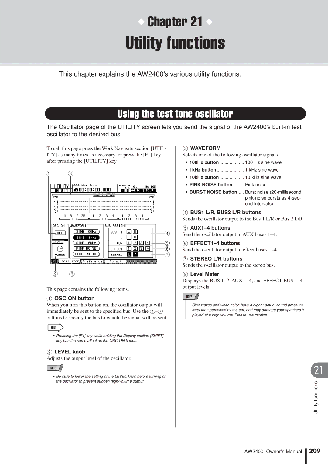 Yamaha AW2400 owner manual Utility functions, Using the test tone oscillator, Waveform, 209 