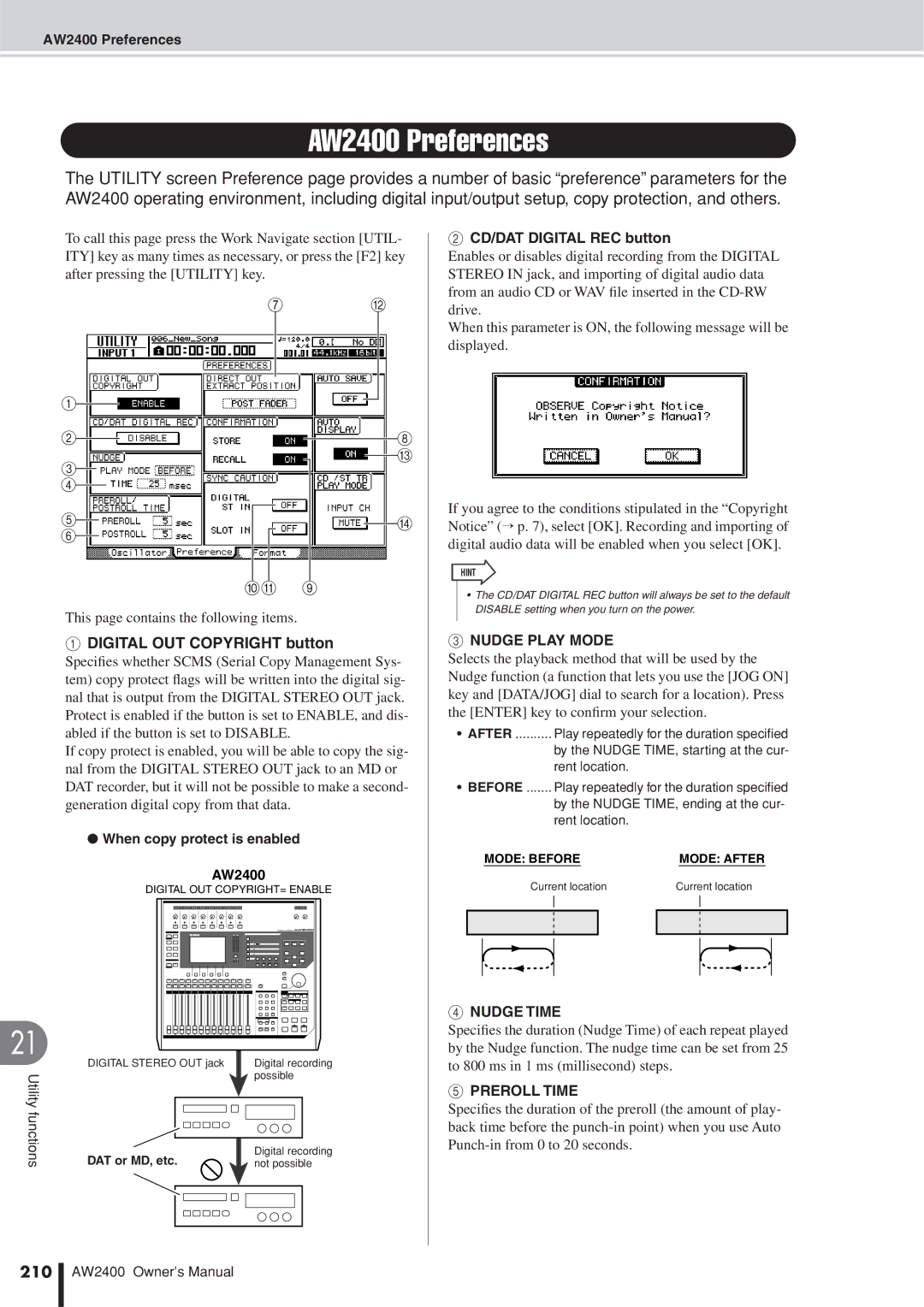 Yamaha owner manual AW2400 Preferences, Nudge Play Mode, Nudge Time, Preroll Time, 210 