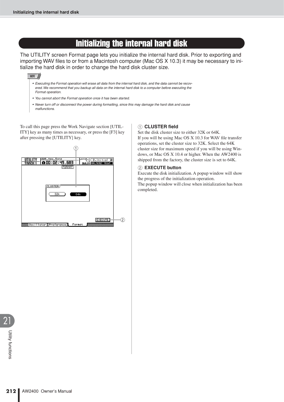 Yamaha AW2400 Initializing the internal hard disk, Cluster ﬁeld, Set the disk cluster size to either 32K or 64K, 212 