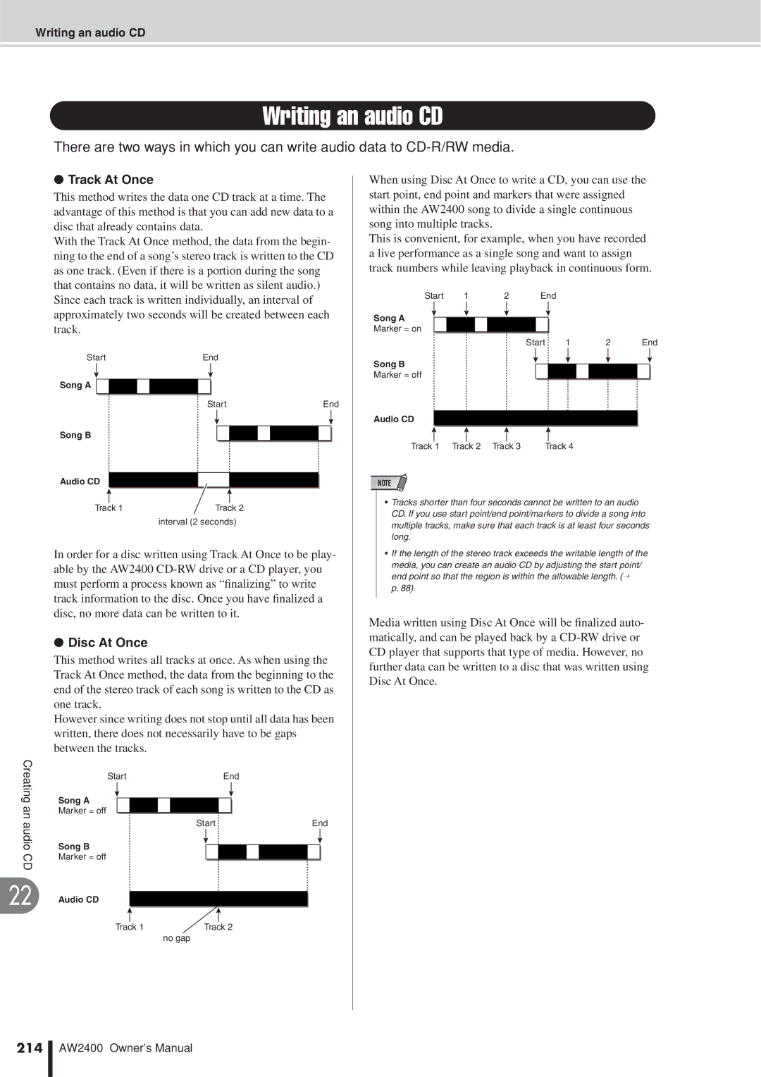 Yamaha AW2400 owner manual Writing an audio CD, Track At Once, Disc At Once, 214 