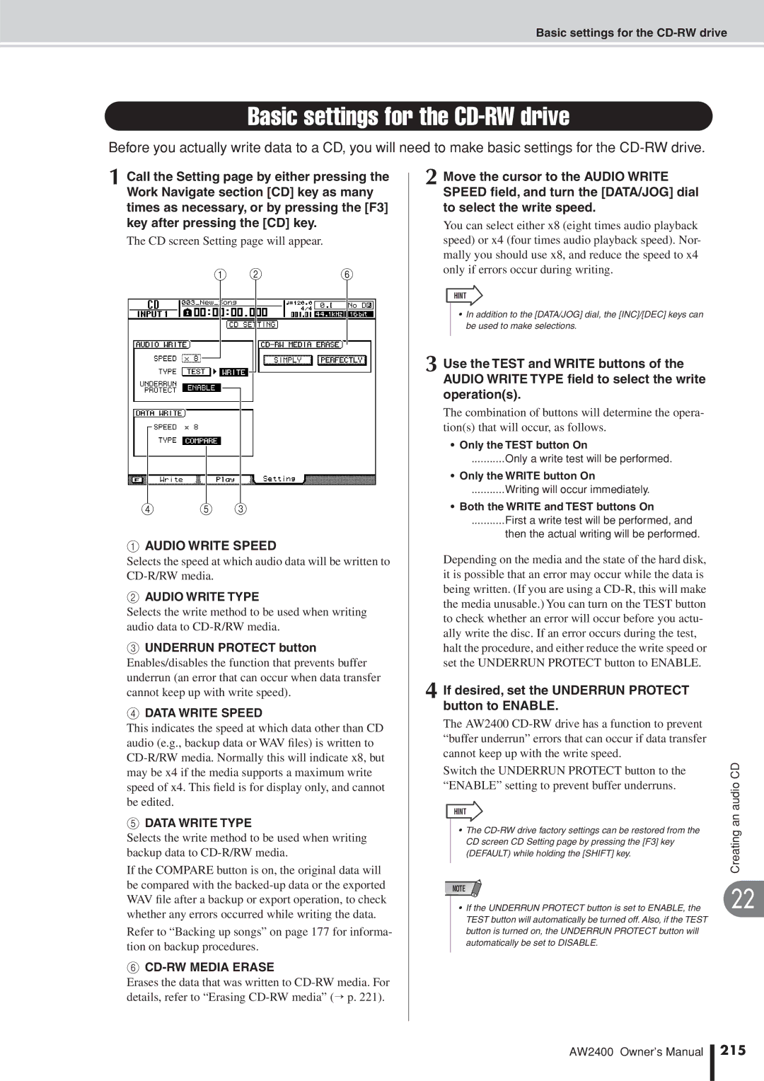 Yamaha AW2400 owner manual Basic settings for the CD-RW drive 