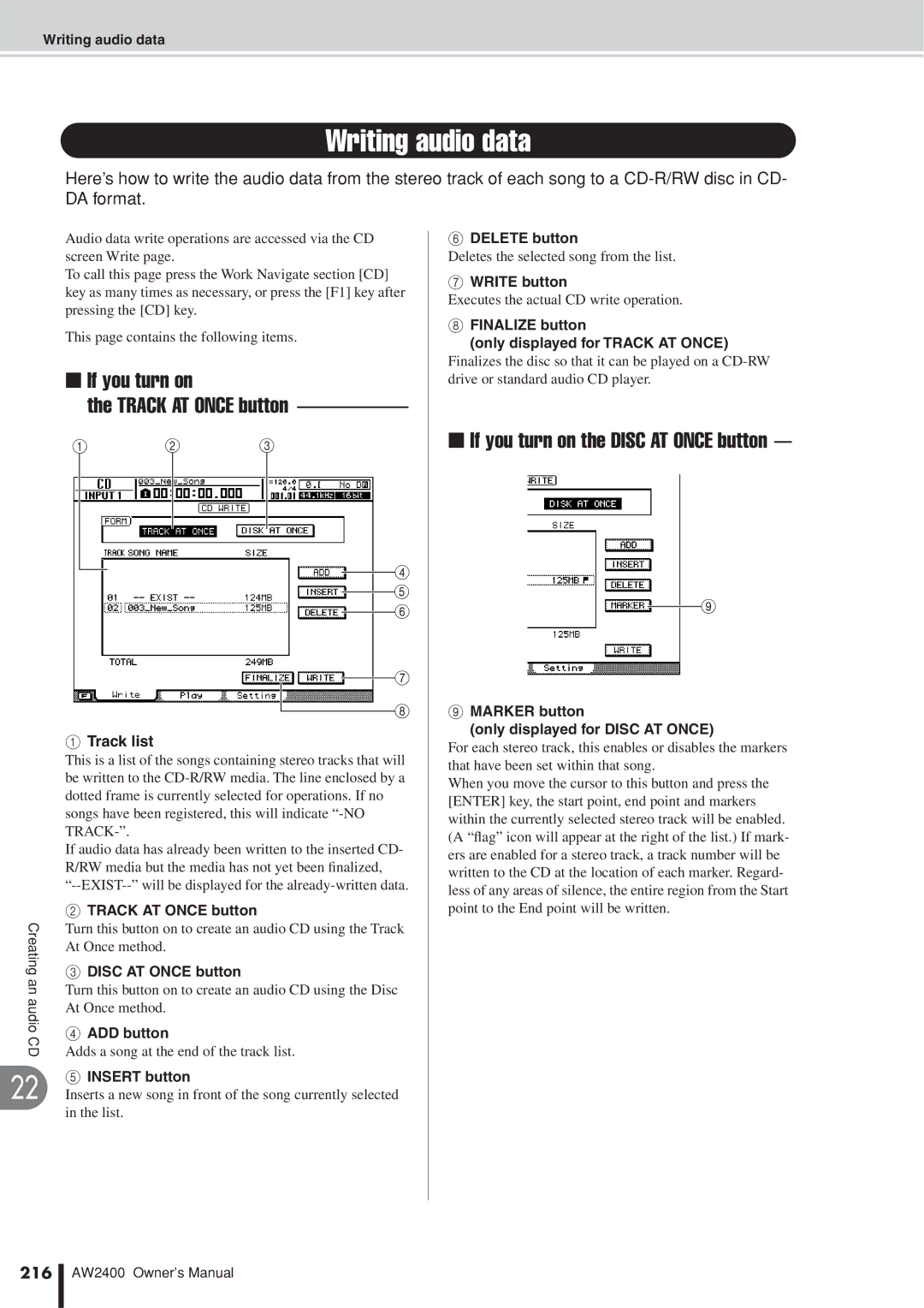 Yamaha AW2400 Writing audio data, If you turn on Track AT Once button, If you turn on the Disc AT Once button, 216 