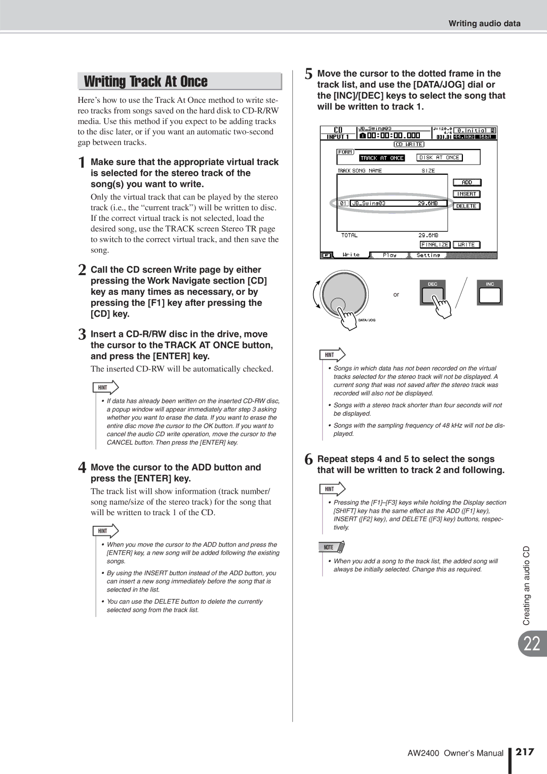 Yamaha AW2400 owner manual Writing Track At Once, Inserted CD-RW will be automatically checked, 217 