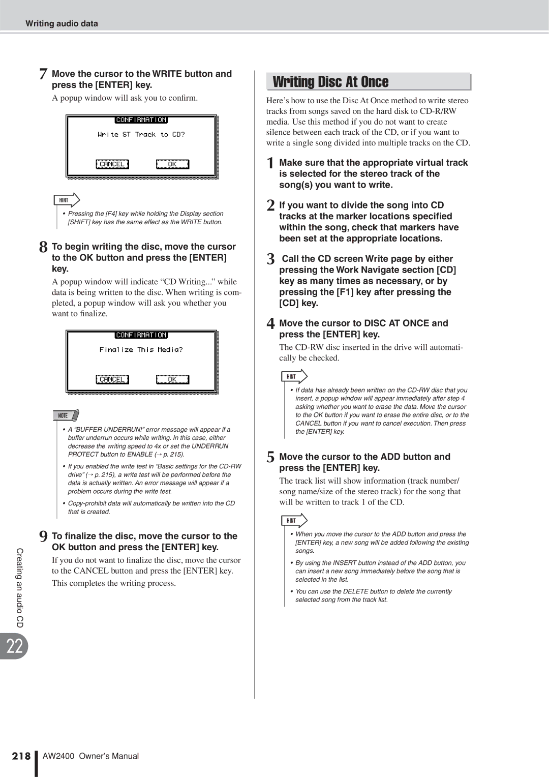 Yamaha AW2400 owner manual Writing Disc At Once, Move the cursor to the Write button and press the Enter key, 218 