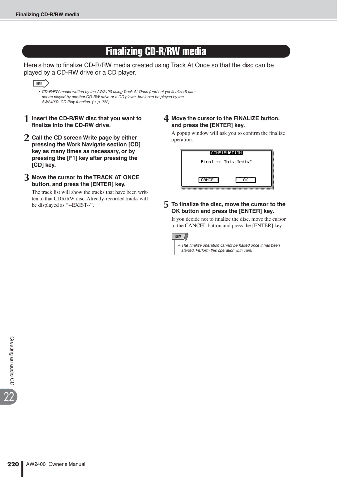 Yamaha AW2400 owner manual Finalizing CD-R/RW media, Popup window will ask you to conﬁrm the ﬁnalize operation, 220 