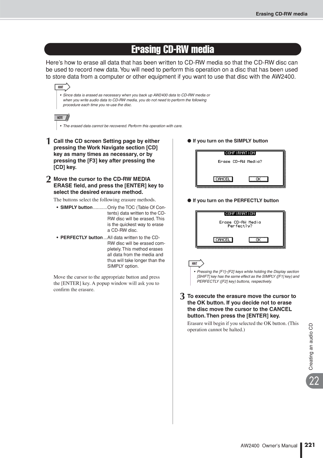 Yamaha AW2400 owner manual Erasing CD-RW media, Buttons select the following erasure methods, 221 