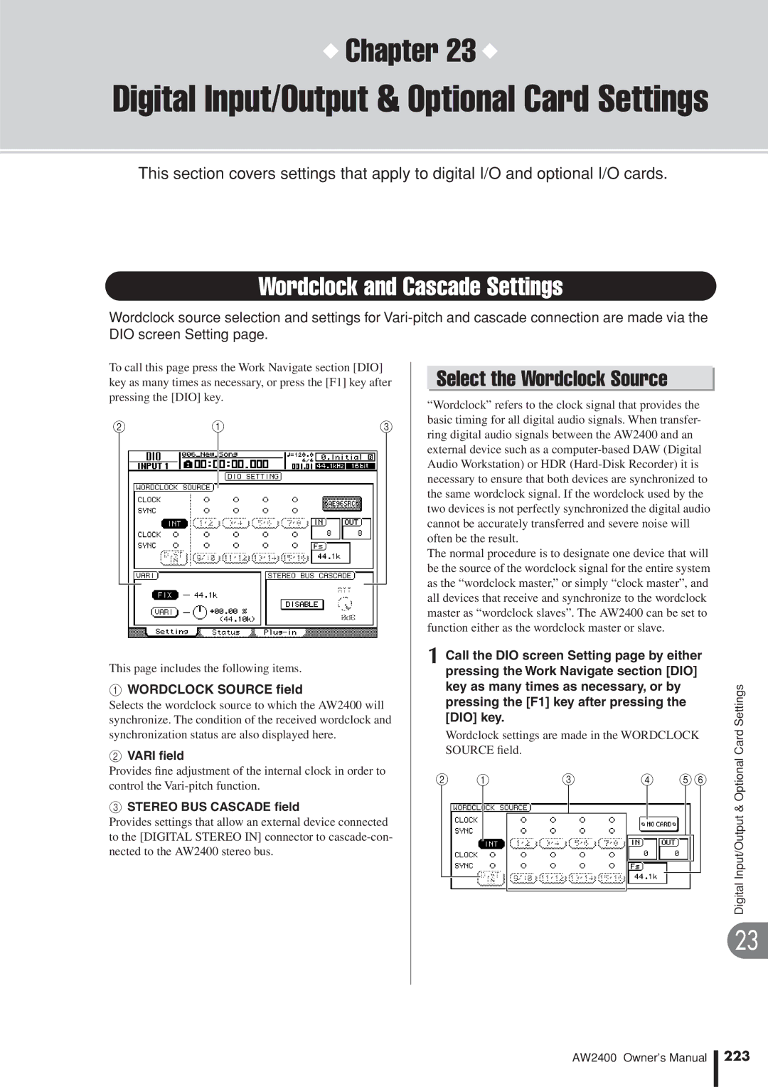 Yamaha AW2400 owner manual Wordclock and Cascade Settings, Select the Wordclock Source, 223 