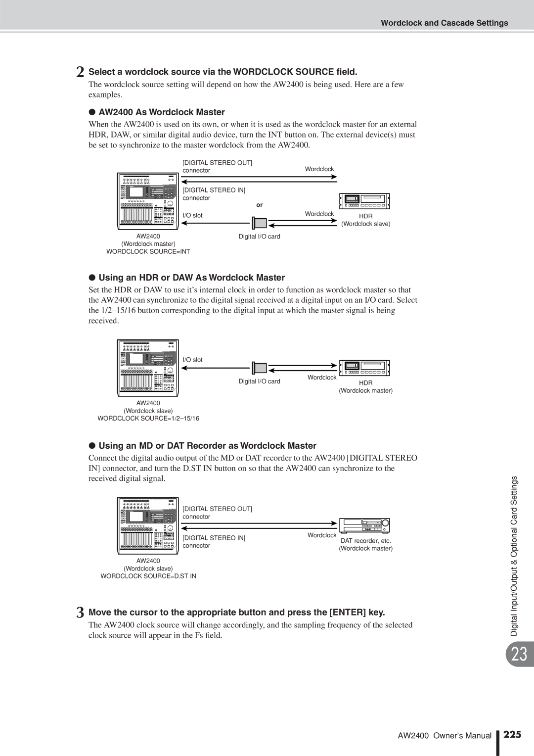 Yamaha owner manual Select a wordclock source via the Wordclock Source ﬁeld, AW2400 As Wordclock Master, 225 