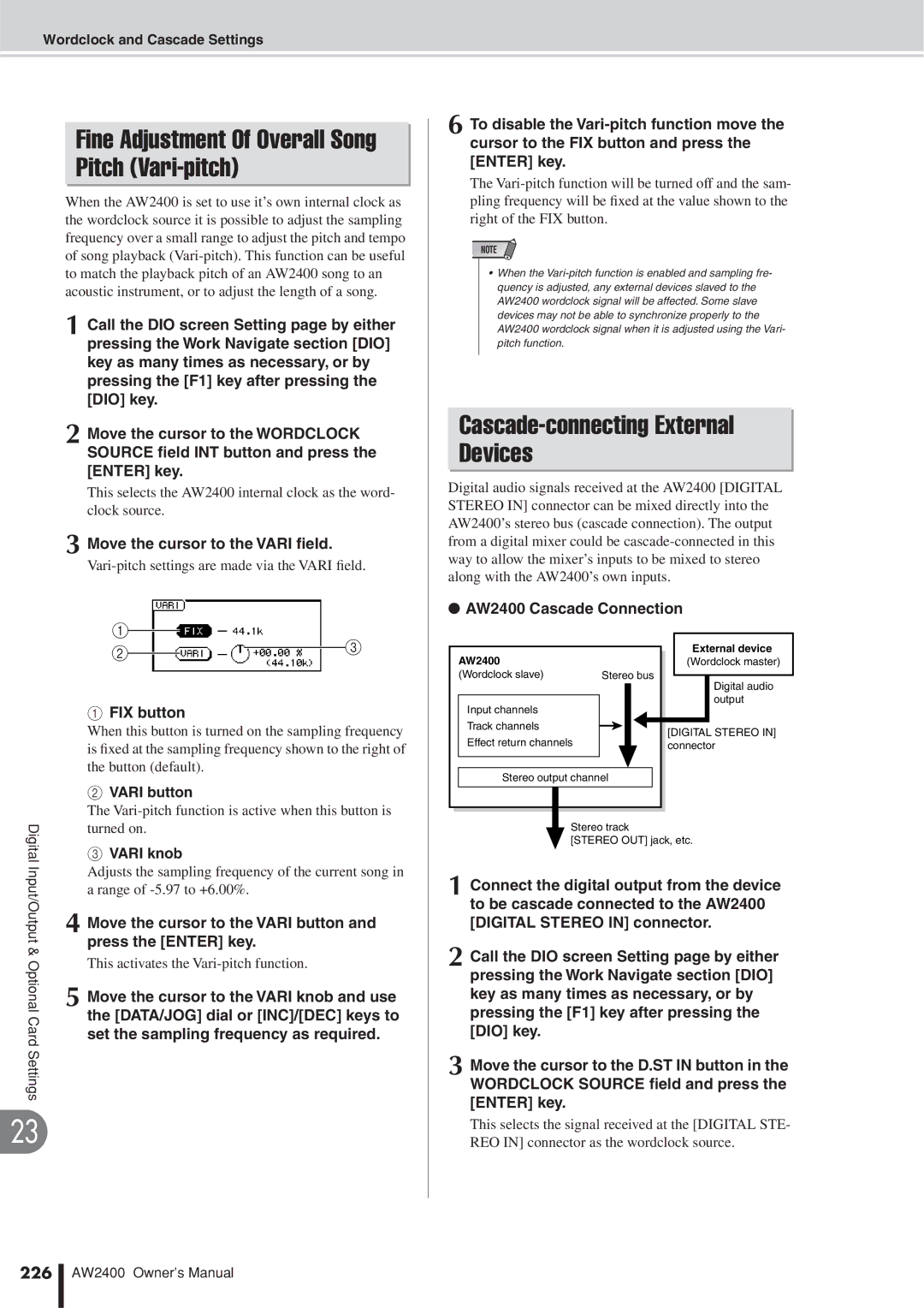 Yamaha AW2400 owner manual Cascade-connecting External Devices, 226 