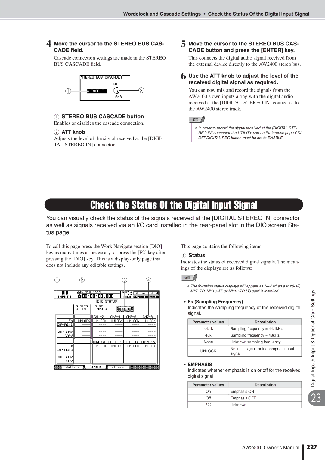 Yamaha AW2400 owner manual Check the Status Of the Digital Input Signal, 227 