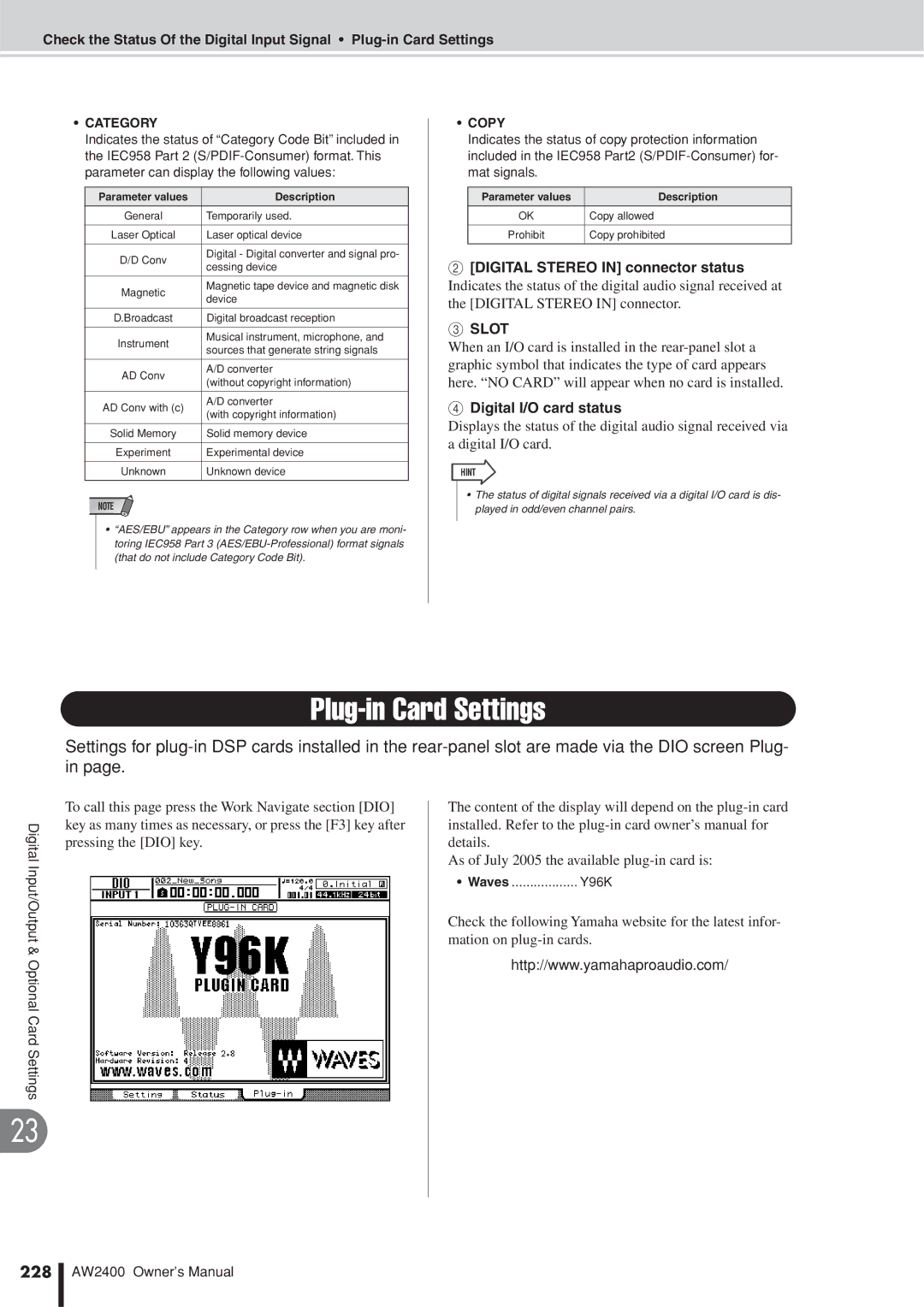 Yamaha AW2400 owner manual Plug-in Card Settings, Digital Stereo in connector status, Digital I/O card status, 228 