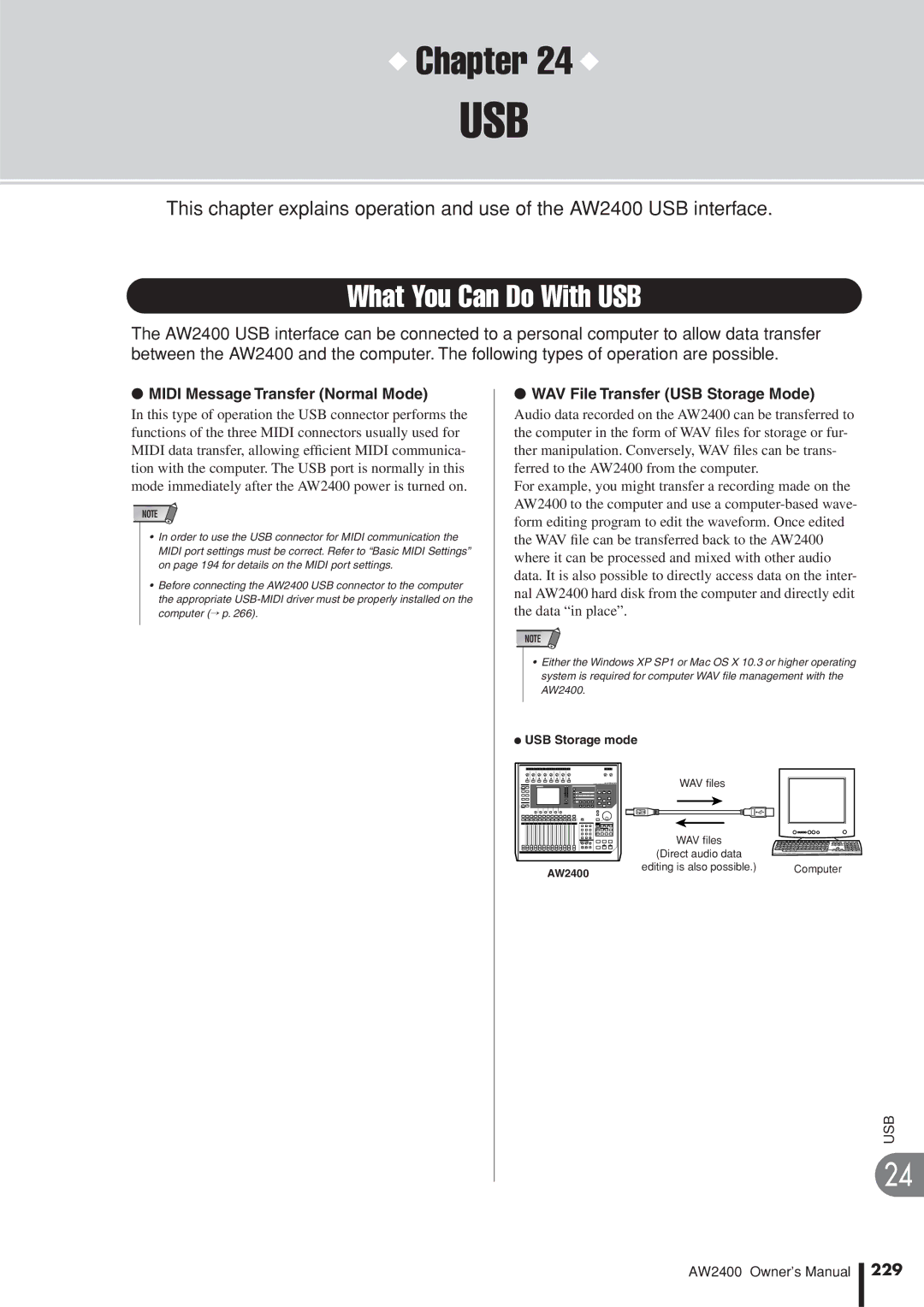 Yamaha AW2400 What You Can Do With USB, Midi Message Transfer Normal Mode, WAV File Transfer USB Storage Mode, 229 