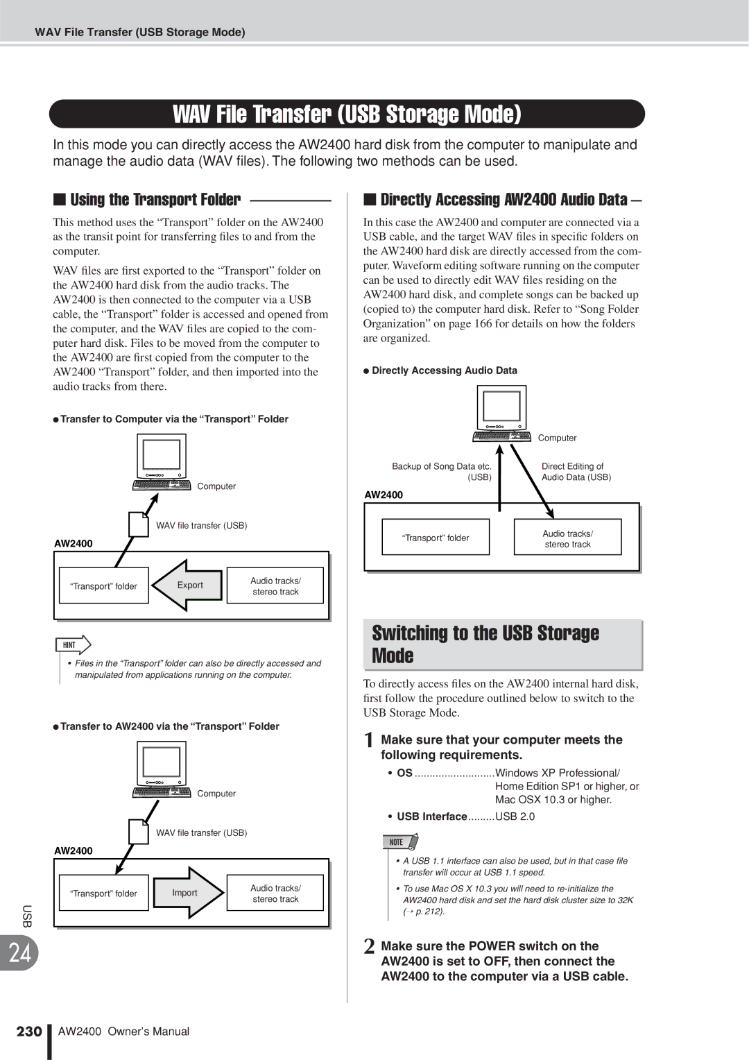 Yamaha AW2400 owner manual WAV File Transfer USB Storage Mode, 230 