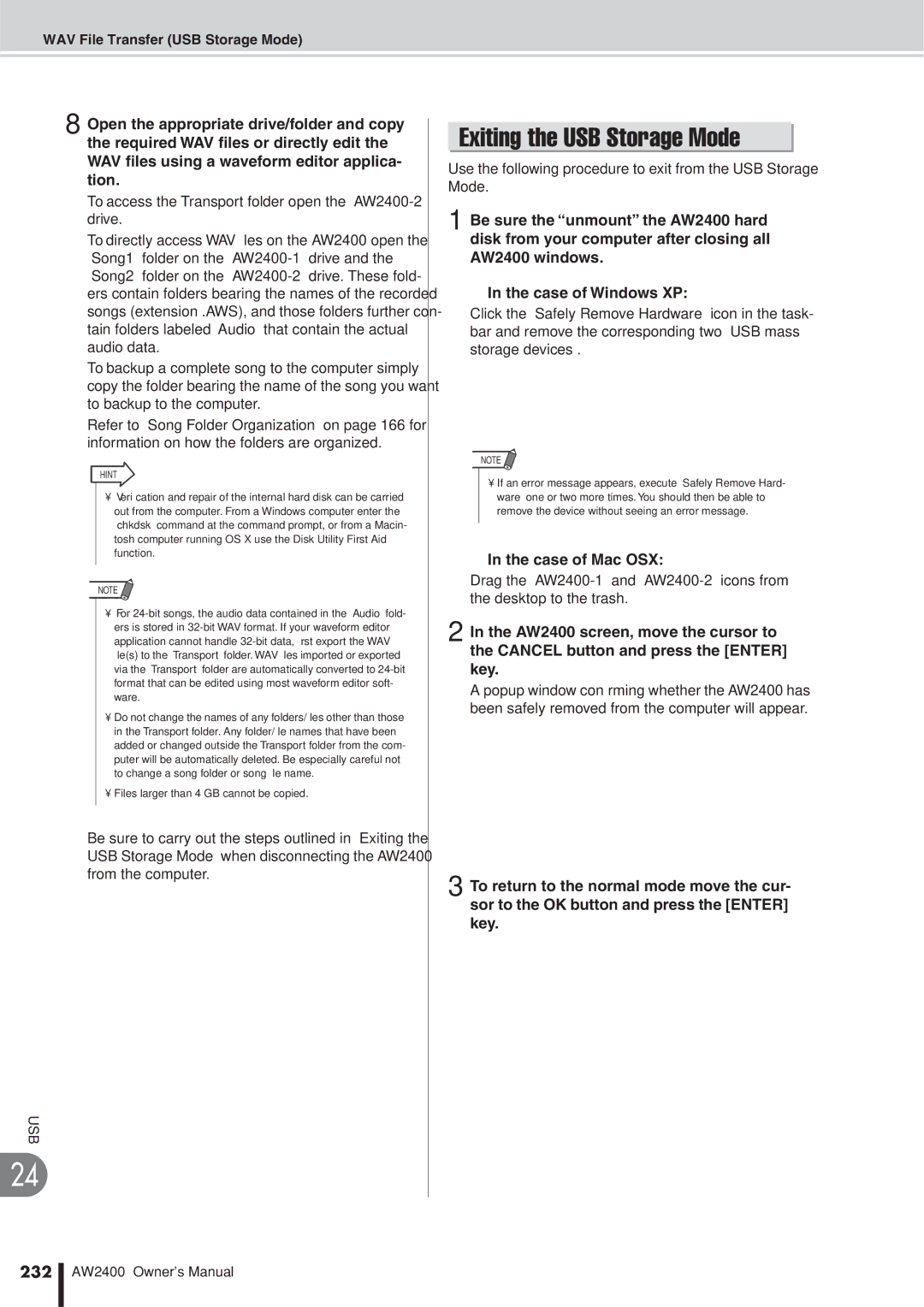 Yamaha AW2400 owner manual Exiting the USB Storage Mode, Case of Mac OSX 