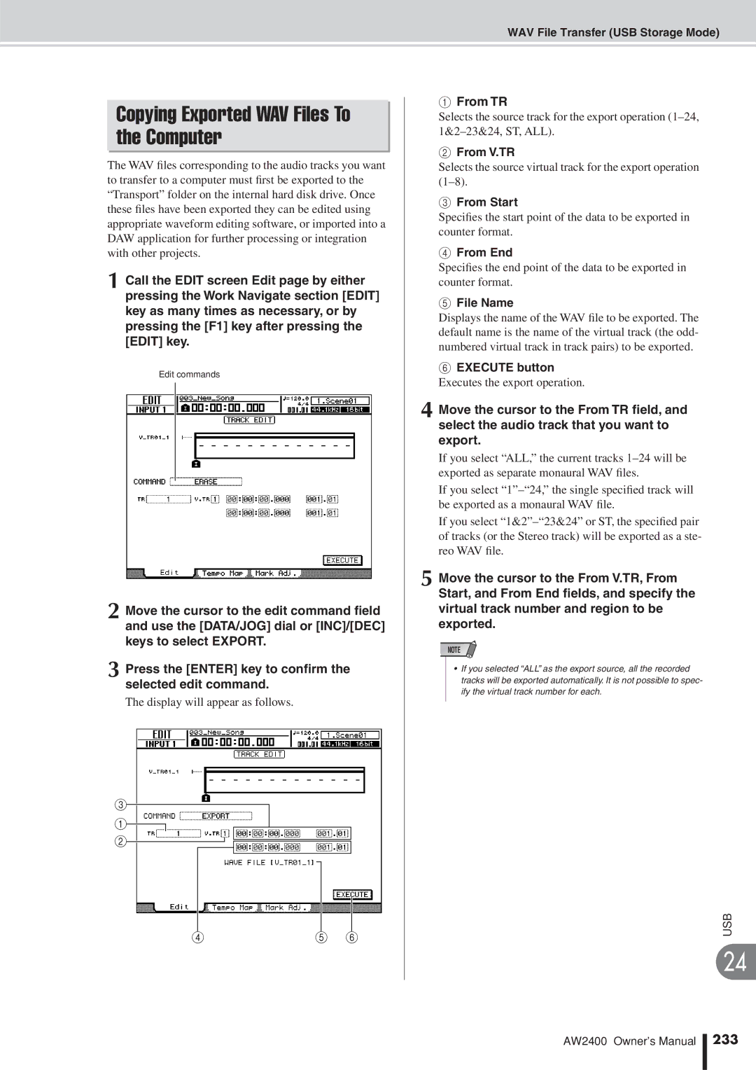 Yamaha AW2400 owner manual Copying Exported WAV Files To the Computer, From TR, From V.TR, File Name, 233 