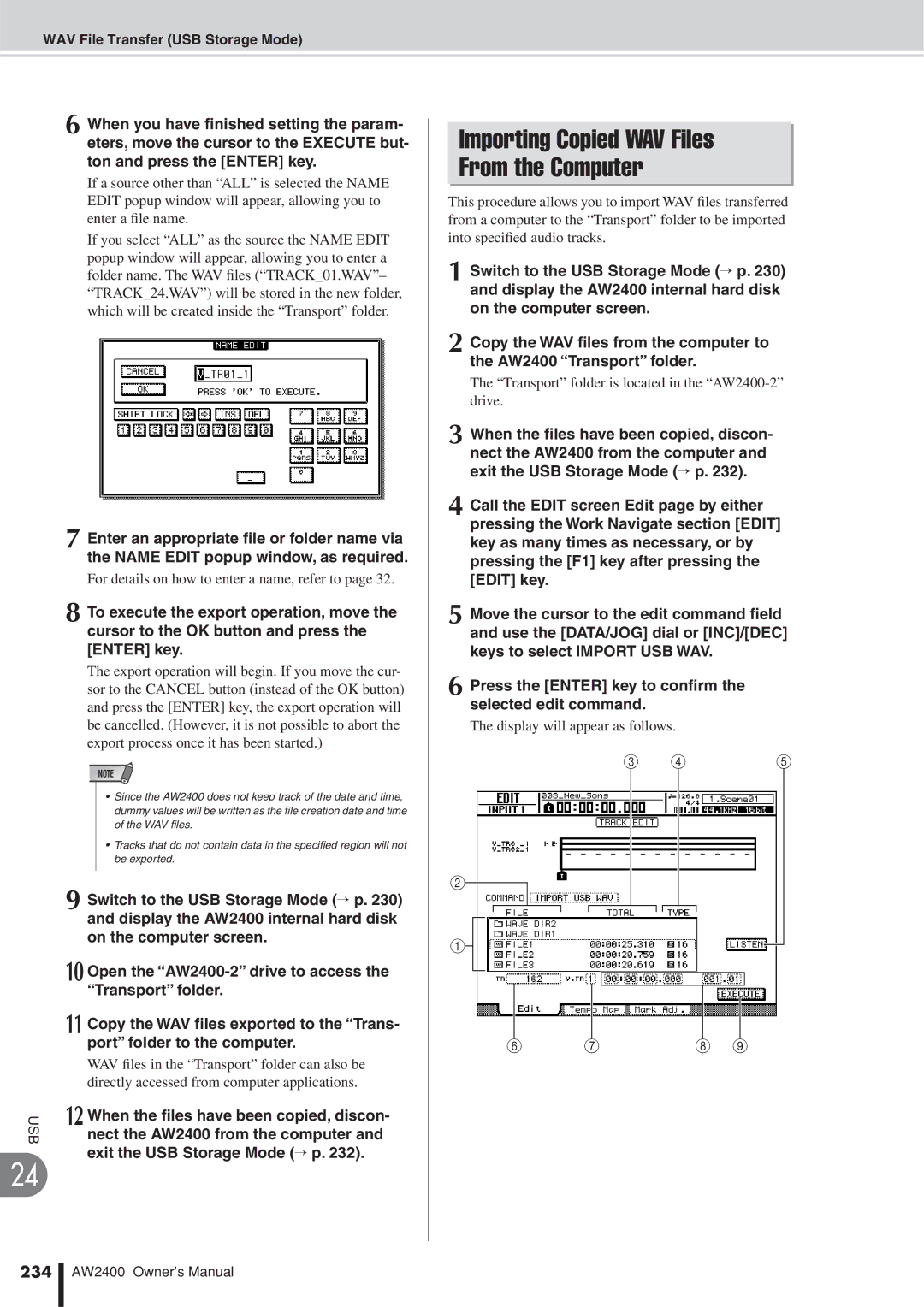 Yamaha AW2400 owner manual Importing Copied WAV Files From the Computer, For details on how to enter a name, refer to, 234 